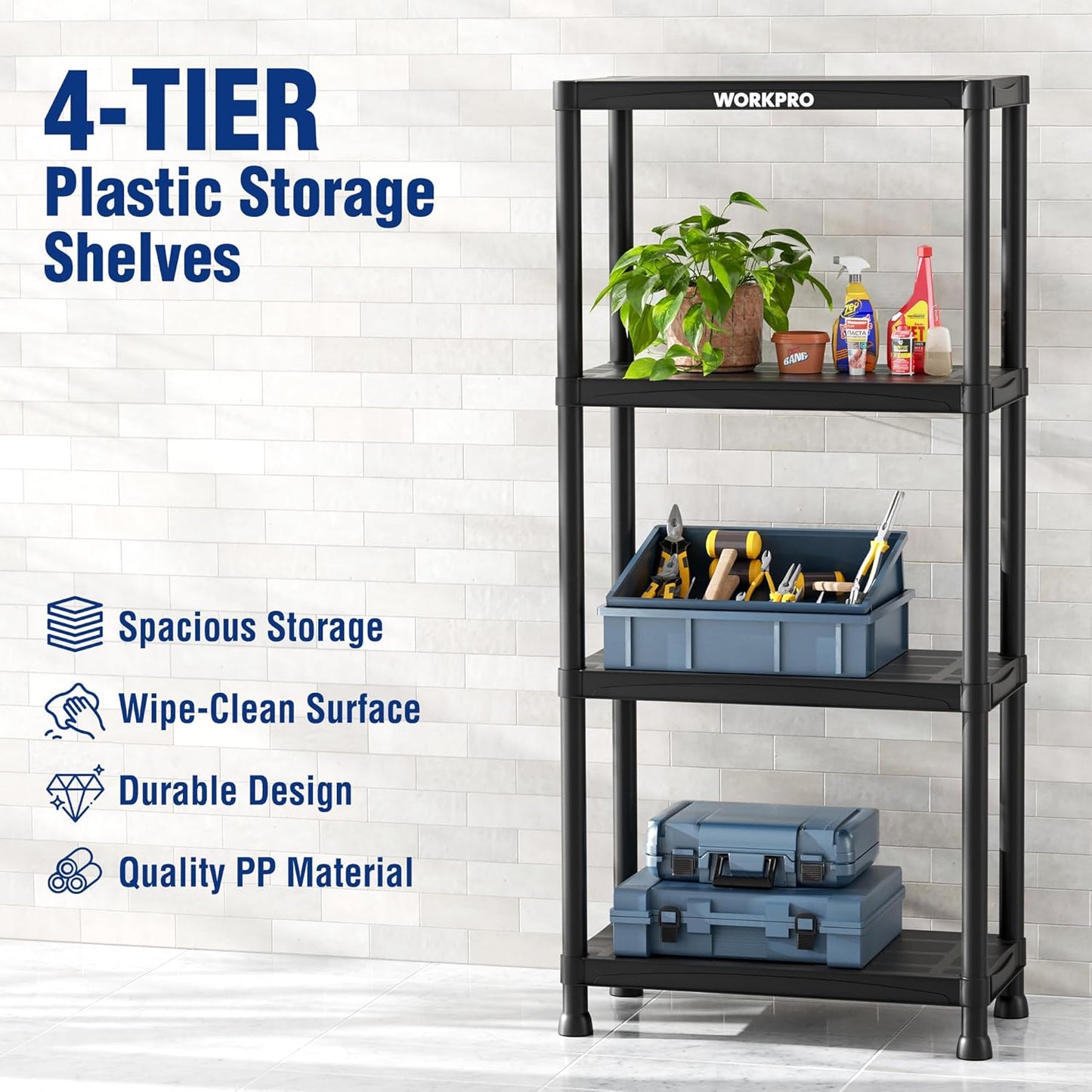 WORKPRO 4-Tier Plastic Storage Shelves, 400lb Capacity Shelving Unit, 51.4" H x 23.9" W x 12" D, Storage Rack for Garage, Home, Pantry, Office, Laundry, Tool-Free Assembly, Black