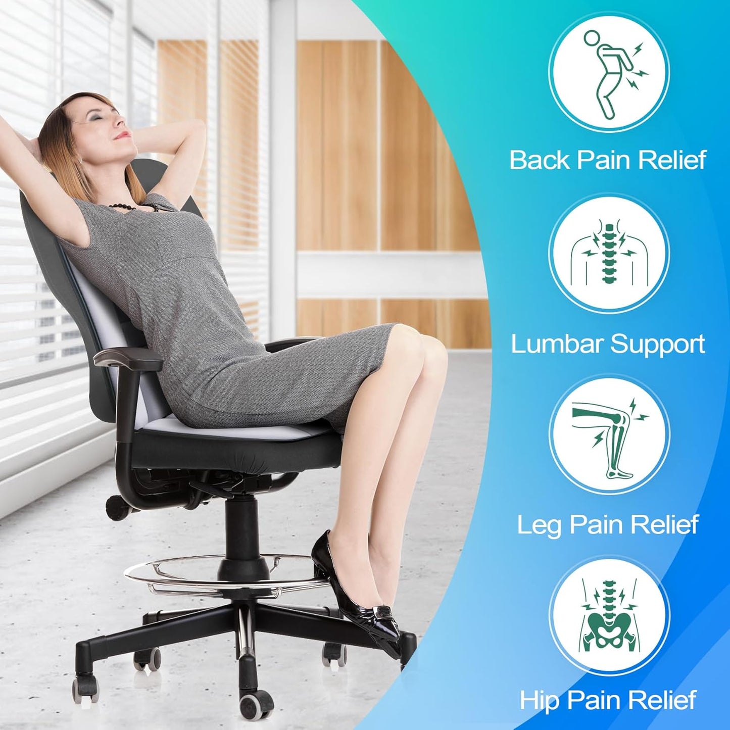 MYFAMIREA Car Seat Cushion and Lumbar Support Pillow 1.2'' Thick Memory Foam Desk Chair Cushion Back Support for Automotive Seat Driver, Travel, Leg and Back Pain Relief, Washable, Adjustable, Gray