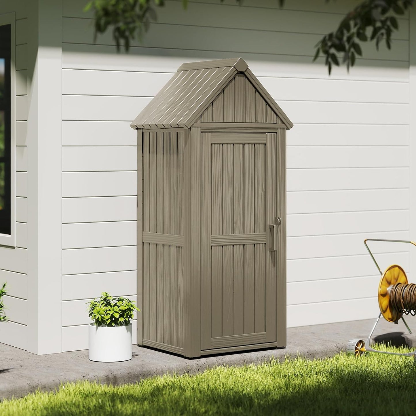 Storage Shed Outdoor Lockable,Waterproof Resin Garden Tool Shed, Heavy-Duty Weather-Resistant Cabinet for Patio, Backyard, or Garage (Grey)