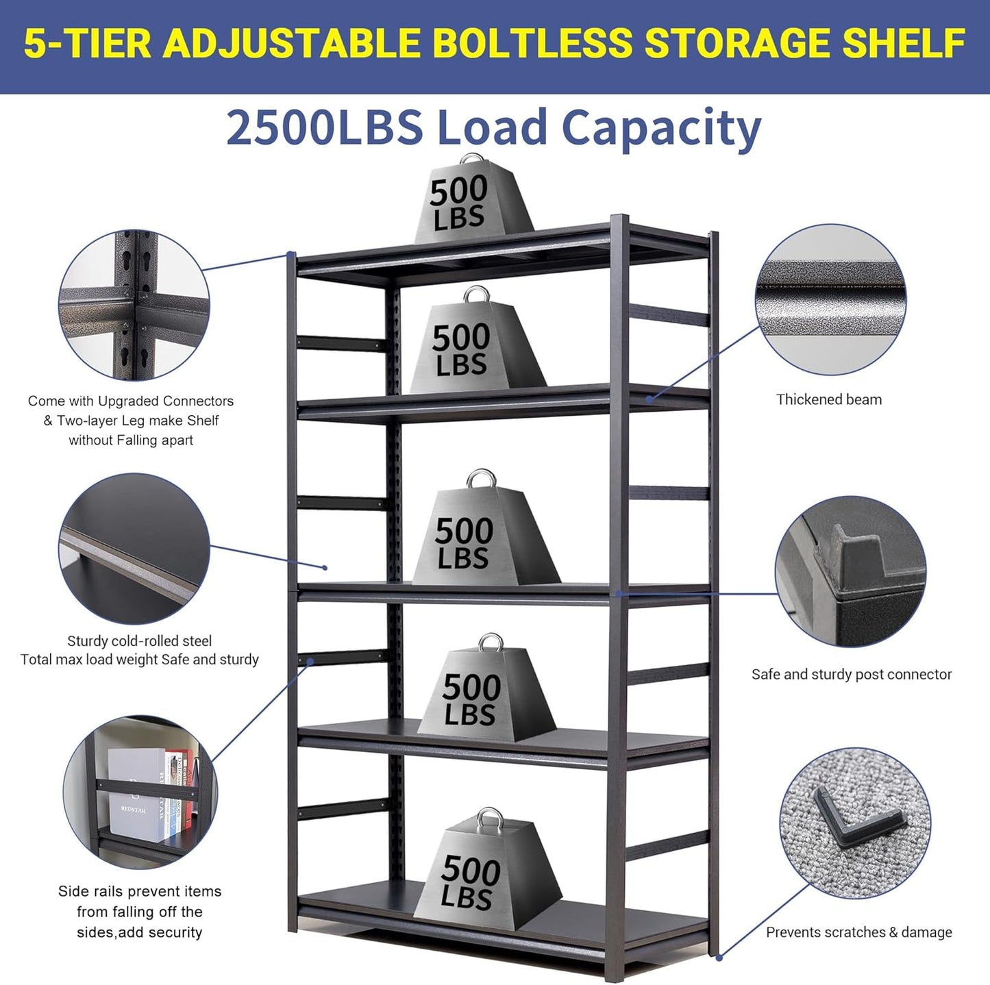 TOPKEY Metal Storage Shelf Garage Storage Shelves, Heavy Duty 5-Tier Utility Shelves for Garage, Kitchen, Warehouse, Adjustable Basement Storage Rack, Load 2500LBS, 72" H x 47.2" W x 23.6" D
