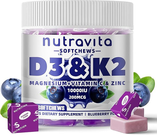 Sugar-Free Vitamin D3 K2 Chews with Calcium + K2 (MK-7), Magnesium Citrate, Vitamin C, Extra Strength - Ultimate Absorption for Bone Muscle Teeth Immune, Vegan - 60 Count-Blueberry Flavor