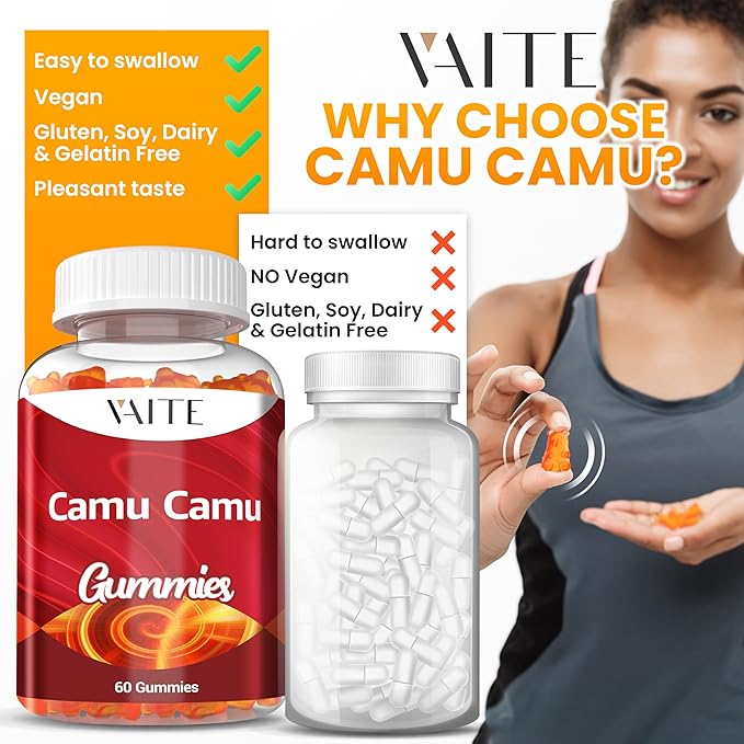 Camu Camu Vitamin C Gummies for Skin and Hair – Antioxidant-Rich, Vegan, Gluten-Free Supplement for Immune Support, Energy Boost, and Collagen – 60 Chewables for Active Men and Women