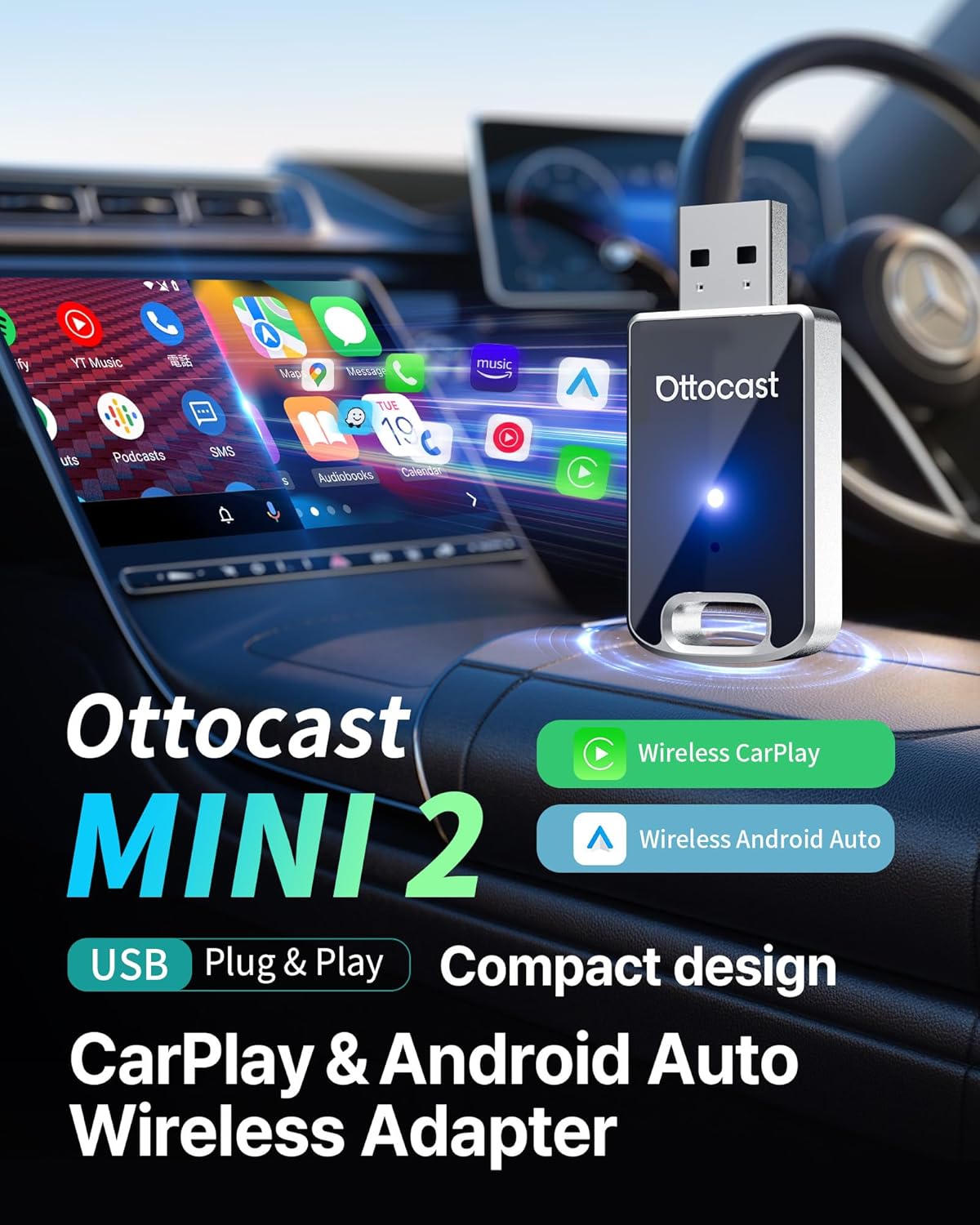 OTTOCAST Mini 2 in 1 Wireless Carplay Adapter & Wireless Android Auto Adapter for Apple iPhone Samsung or Other AndroidPhone, USB Bluetooth Car Accessories for OEM Wired Carplay/Android Auto Cars