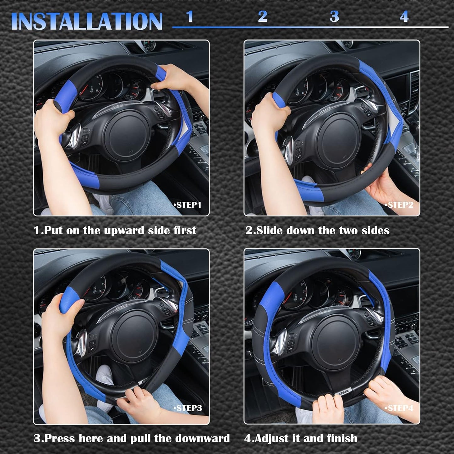 CAR PASS Line Rider Microfiber 14 Inch Leather Sporty Steering Wheel Cover Universal Fits for Truck,SUV,Cars, Anti-Slip Safety Comfortable Desgin (Black-Blue)