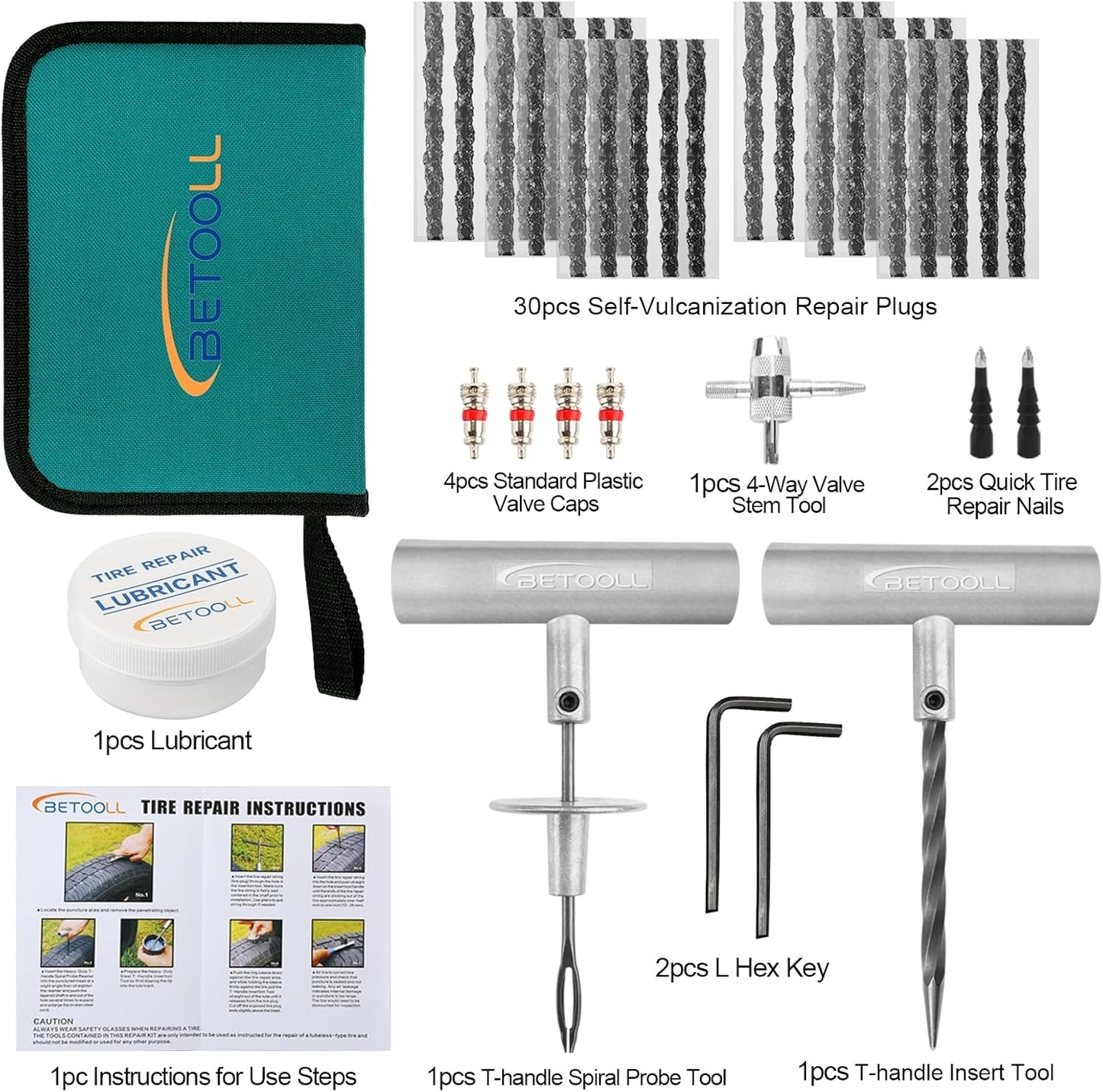 BETOOLL Tire Repair Kit, 44 Pcs Professional Heavy Duty Universal Emergency Flat Tire Repair Kit to Fix Punctures, for car Motorcycle, Truck, Golf Cart, ATV, Tractor, ARB, RV, SUV, Trailer etc.