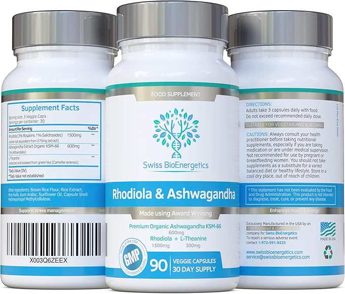 Rhodiola & Ashwagandha with L-Theanine - Award Winning Ashwagandha KSM-66 600mg & 1500mg Rhodiola (3% Rosavins - 1% Salidrosides) whole root equivalent- adaptogen combo- No artificial fillers