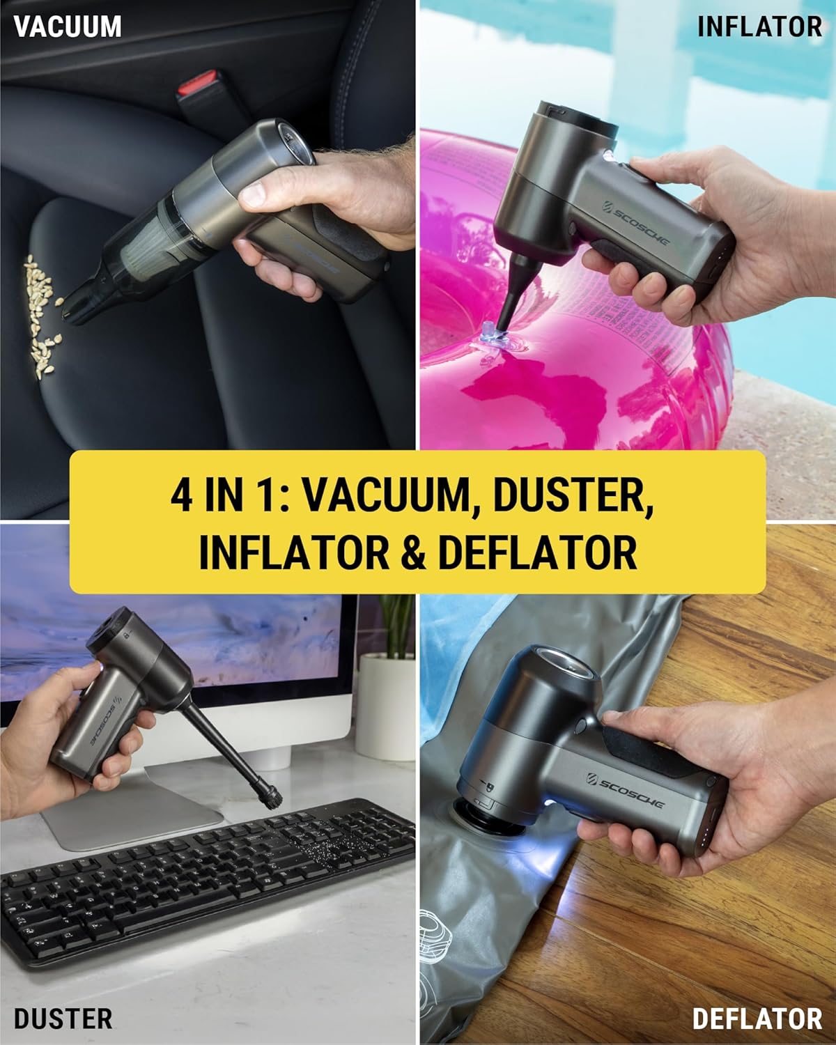 Scosche SCOVAC Cordless Handheld Vacuum Cleaner with Inflator, Deflator & Air Duster, 4-in-1 Small, High Power, Rechargeable and Portable Hand Held Vacuum for Car, Home, Office, Pet Hair