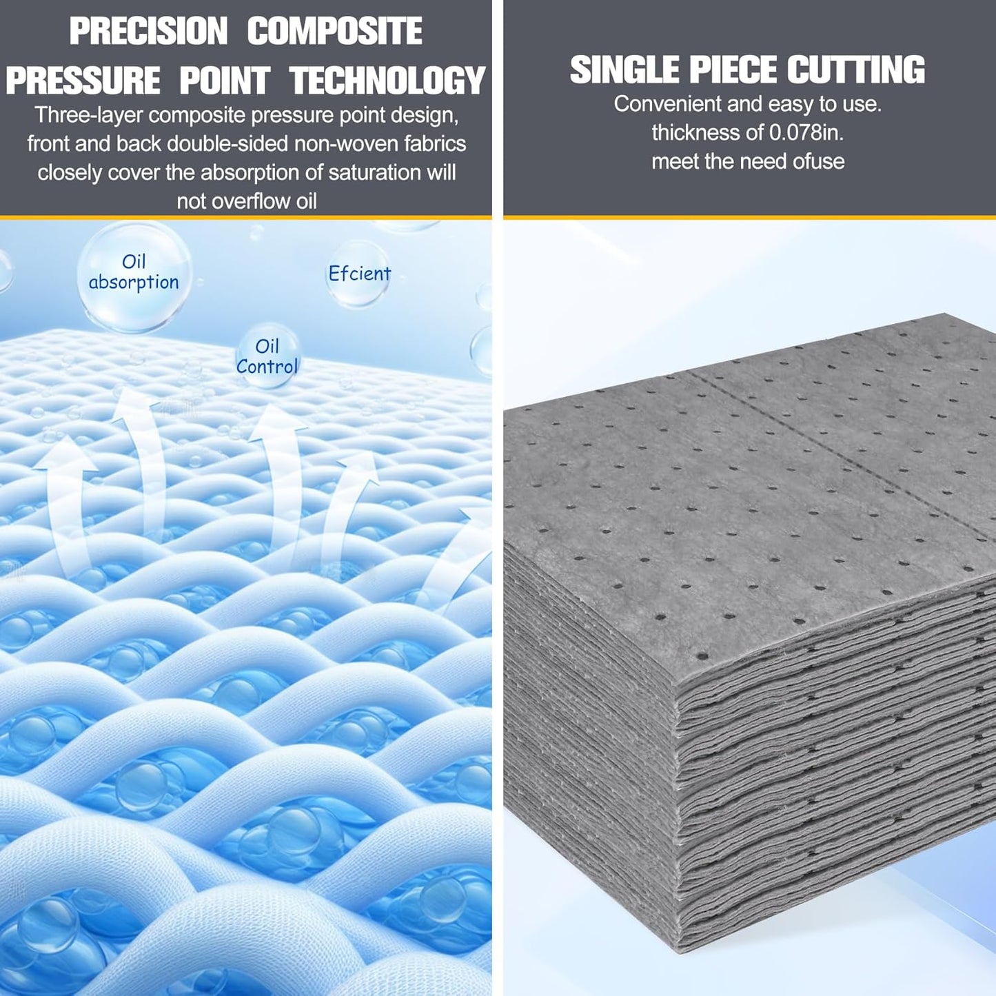 50PC Oil Absorbent Pads | 13"x10" Meltblown Polypropylene Mats, Hand-Tear Lines for Automotive & Workshop | Vacuum Eco-Packaging, Reusable Spill Control