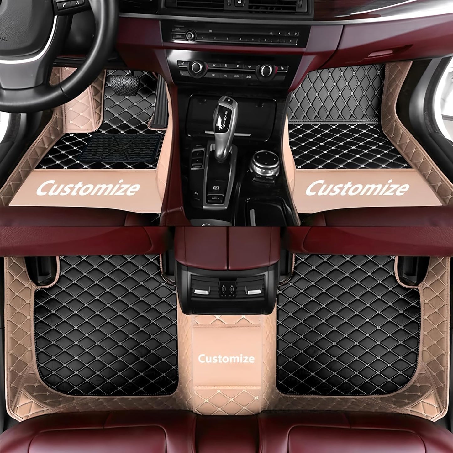 Custom Personalized Floor Mats for Cars，Luxury Full Coverage All Car Floor Mats，Anti-Slip Leather Car Mat Set ，Custom Floor Mats for 99% of Cars, Trucks & SUVs. (Beige and Black)