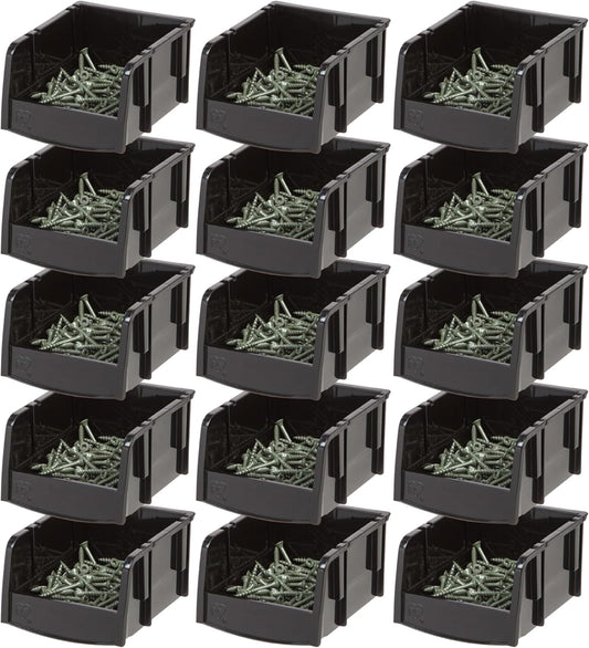 IRIS USA Stackable Bins, 5.5 x 4.5 x 3 inch, Plastic Hanging Open Front Shelf Bin Storage Organizer for Hardware, Craft Supplies, Small Parts, Nuts and Bolts, Garage Organization, 15 Pack- XS, Black