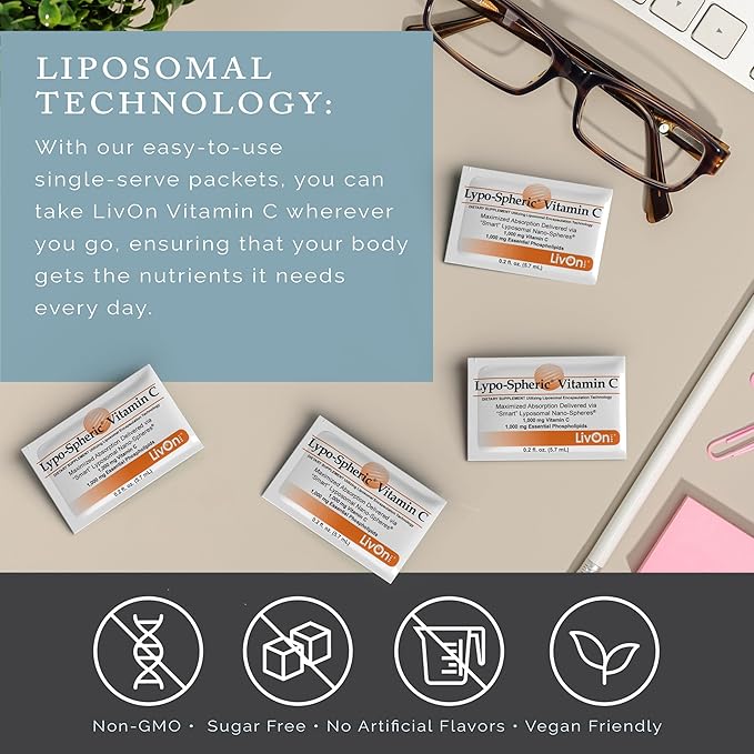 LivOn Laboratories Lypo–Spheric Vitamin C – 1,000 mg Vitamin C & 1,000 mg Essential Phospholipids Per Packet – Liposome Encapsulated for Improved Absorption – Non–GMO(12 Cartons,360 Packets)