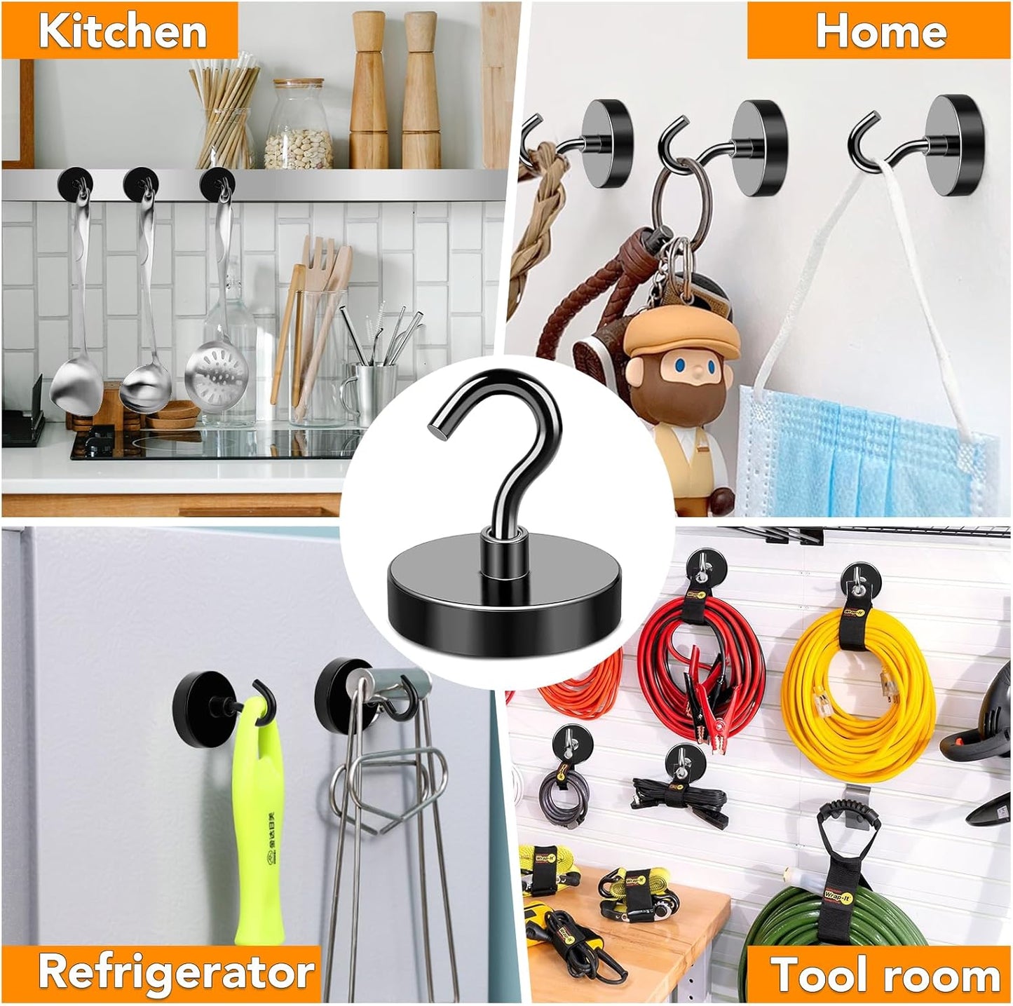 MIKEDE Magnetic Hooks Heavy Duty, 150LB+ Strong Black Magnets Hooks for Refrigerator, Rare Earth Neodymium Hooks with Epoxy Coating, Cruise Magnets with Hook for Hanging, Garage - 6 Pack