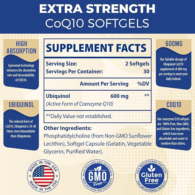 Liposomal CoQ10 Ubiquinol 600mg Softgels | Superior Absorption Ubiquinol CoQ10 Supplement | Powerful Active Antioxidant Form of Coenzyme Q10 | Heart Function & Energy Production | 120 Softgels