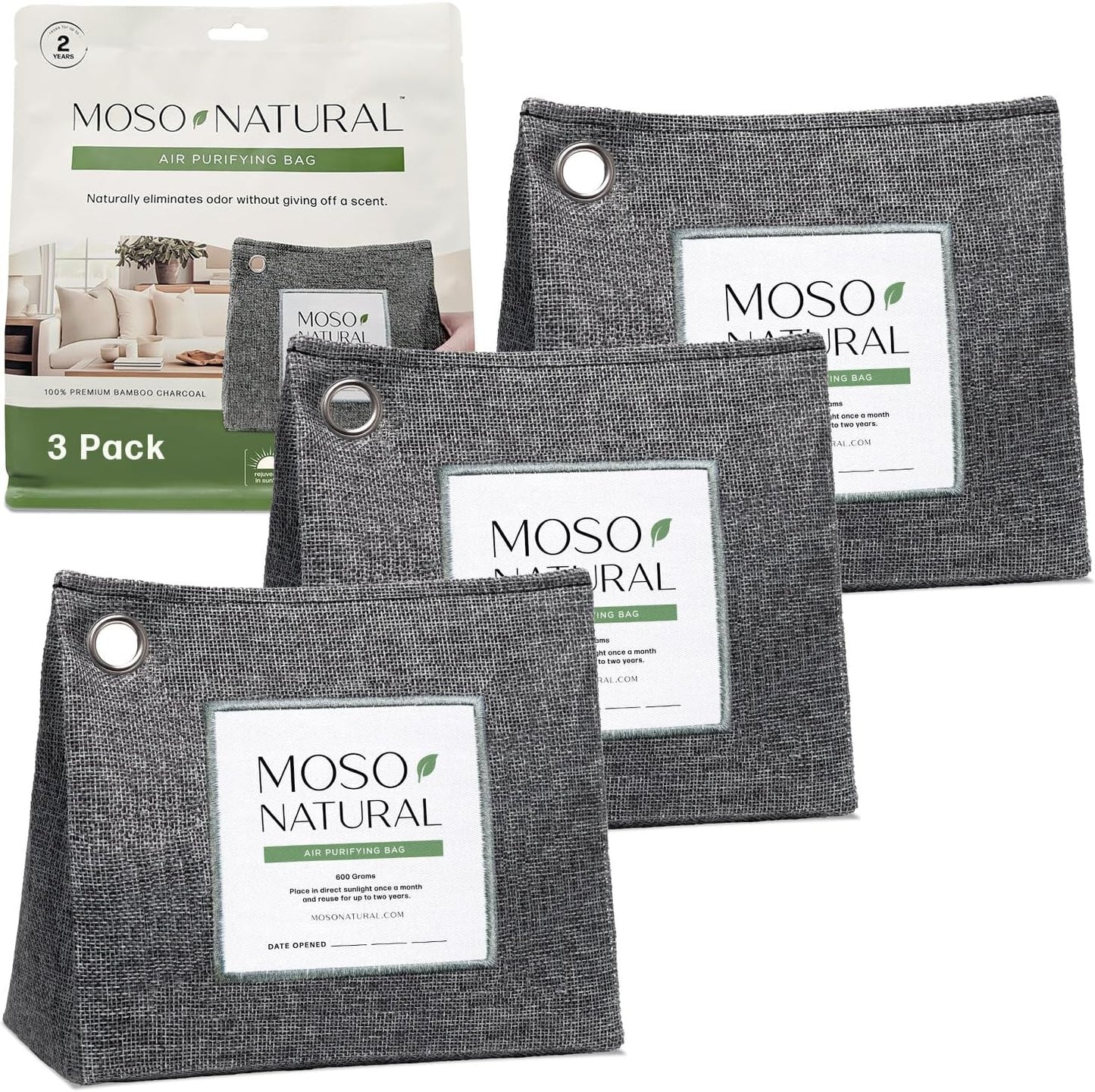 Moso Natural Air Purifying Bag 600g (21oz) Premium Bamboo Charcoal Odor Absorber | Room Deodorizer for Large Spaces, Bedroom, Kitchen, Basement | Pet Odor Eliminator for Home | Unscented (3 Pack)