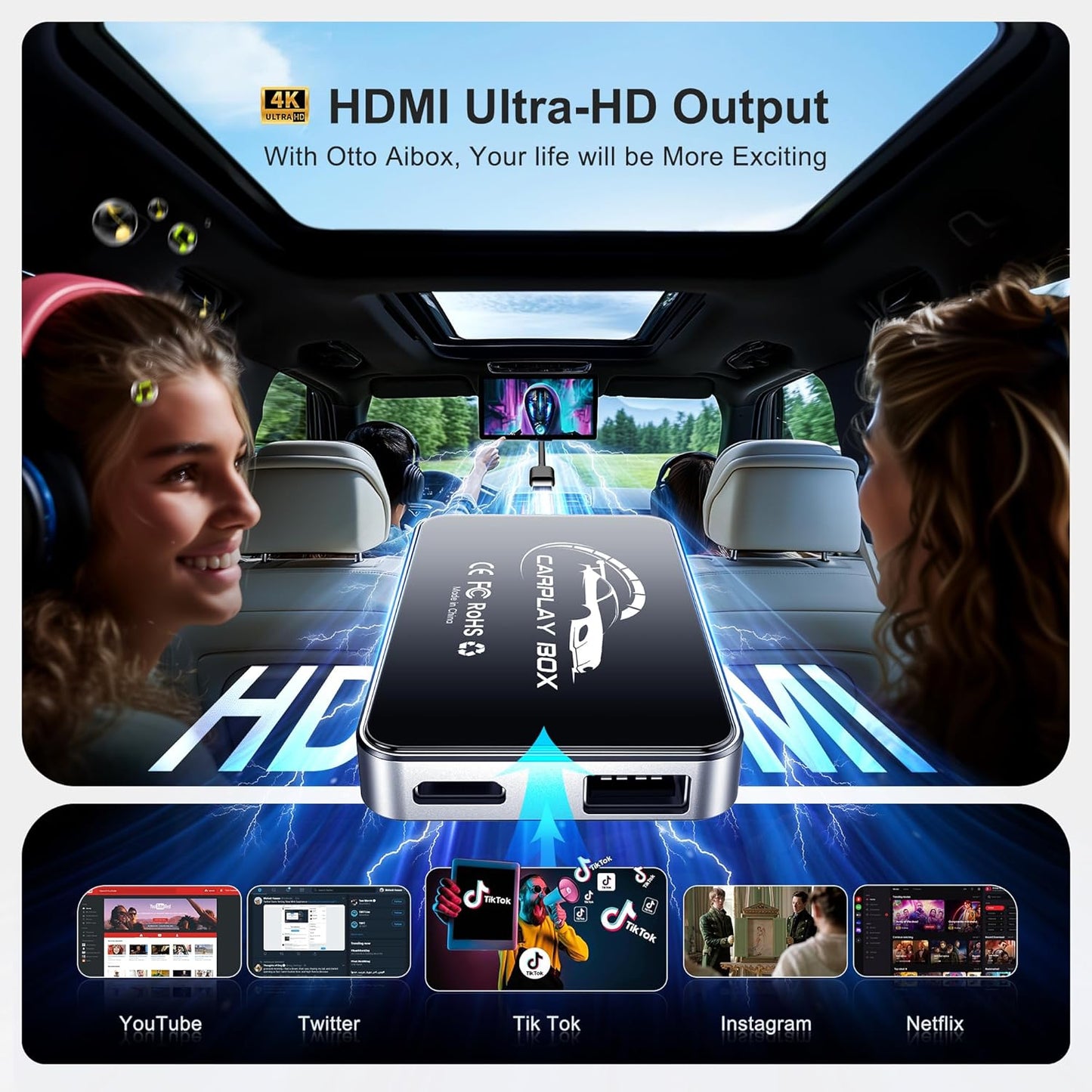 AI Box Wireless CarPlay & Auto Adapter - Plug & Play, Dual-Band WiFi, Bluetooth 5.0, 4K Video Support, Android 12.0 System, Compatible with Factory CarPlay & Android Auto （4GB RAM+32GB ROM）