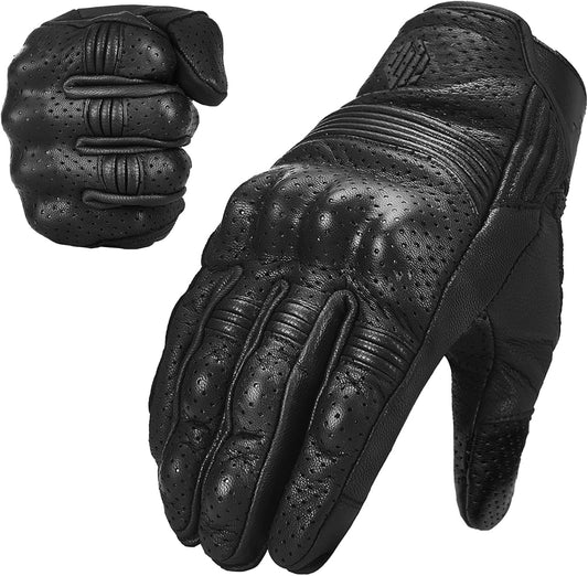 ILM Goatskin Leather Motorcycle Motorbike Powersports Racing Gloves Touchscreen for Men and Women Model DN01(XL, Black Perforated)