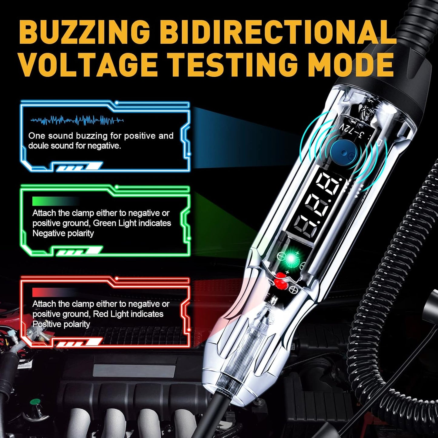 Upgraded Buzzer Automotive Test Light, DC 3-72V Heavy Duty Digital LED Circuit Tester with Voltmeter & Dual Color Polarity Indicate Light, Bidirectional Auto Voltage Tester Electric Light Test Pen