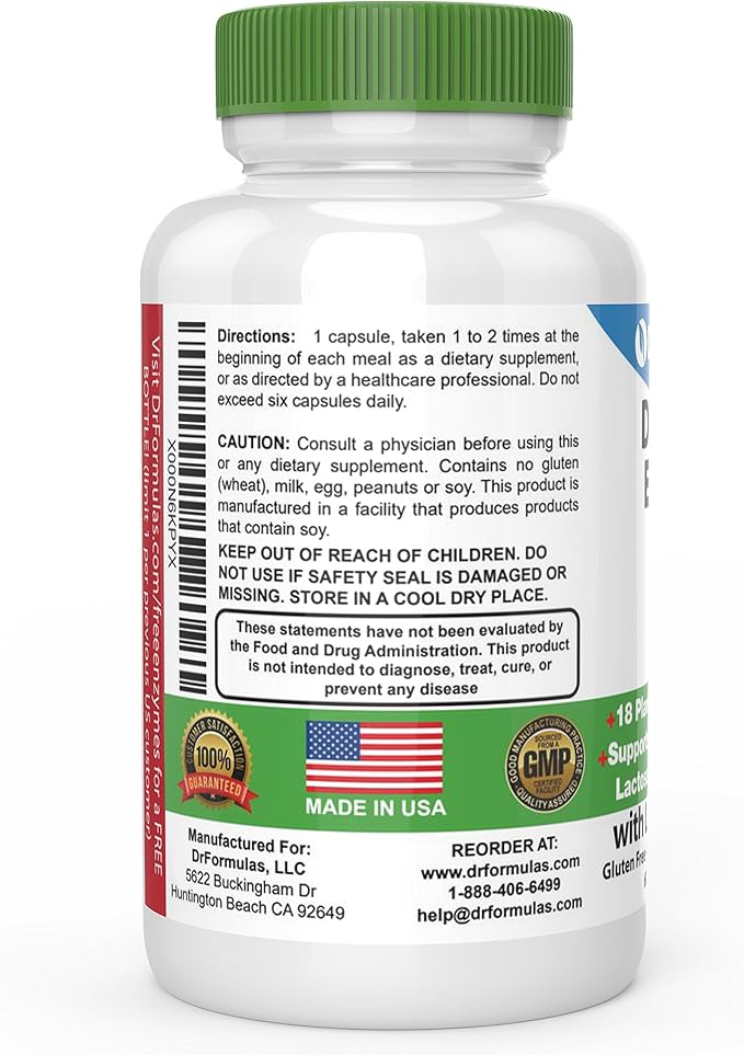 DrFormulas Digestive Enzymes for Bloating Relief, Gas, Lactose Intolerance, Digestion Support with Lactase, Amylase, Lipase, Bromelain, Protease, 60 Capsules
