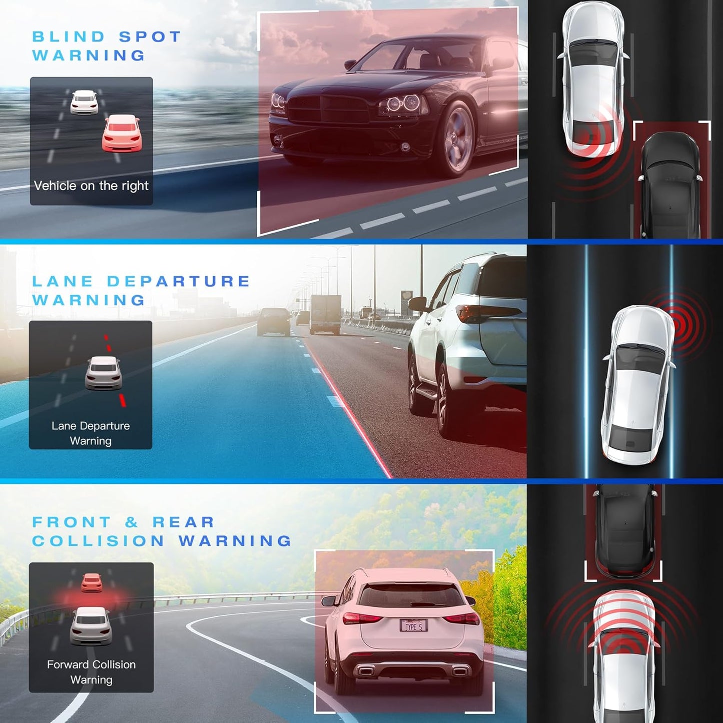 Type S T200 AI Driver Assistance Dash Cam Powered by ADAS, 1440p, Collision Alerts, Lane and Pedestrian Detection, Vehicle Departure Reminders, Front Rear 2 Channel Smart 24/7 Video Surveillance