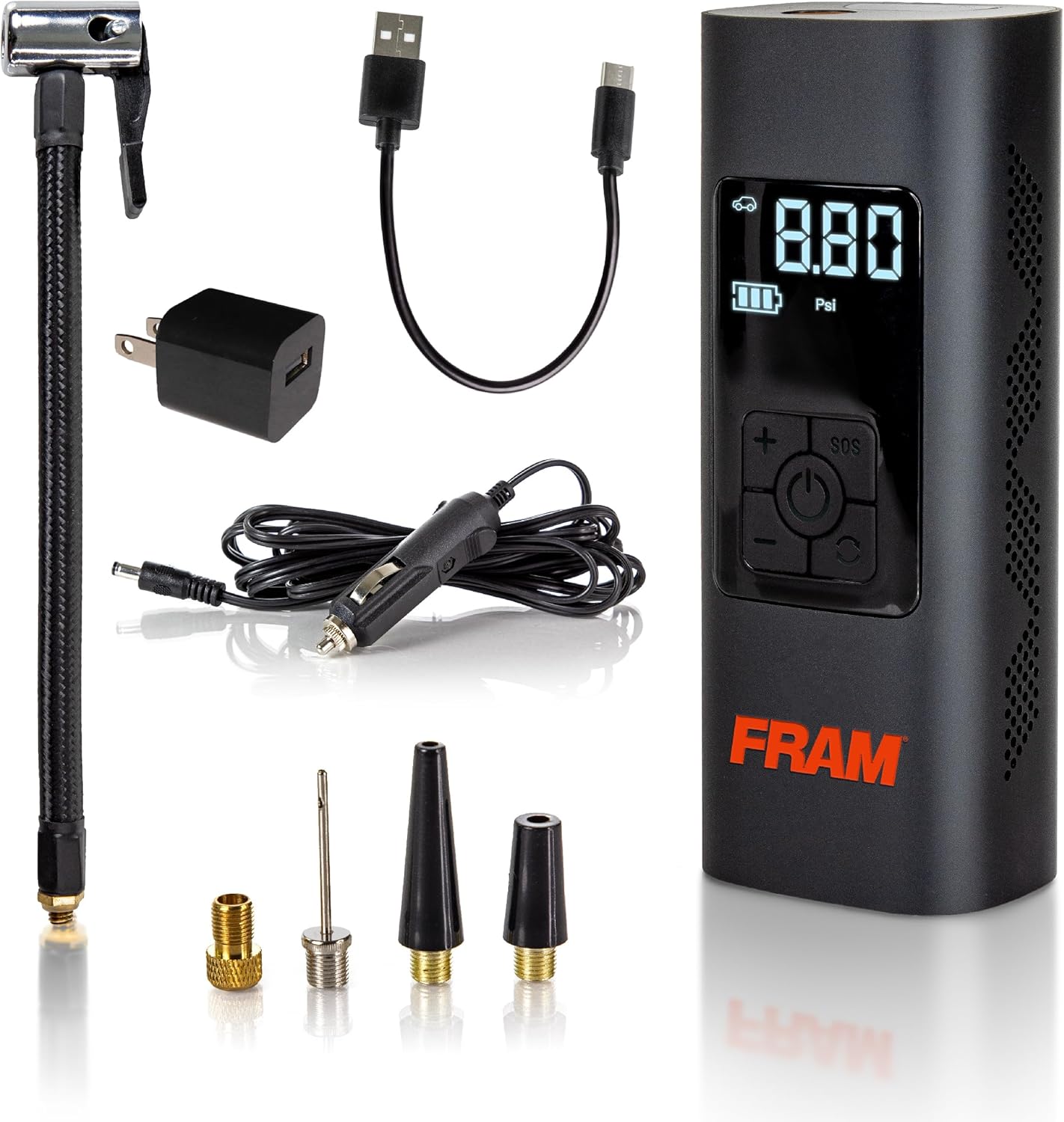FRAM FEK40002 Portable Emergency Tire Inflator with 6000mAh Battery and 12V, 150PSI Air Pump for Car, Bike, Motor, Ball with Digital Tire Pressure Gauge with LED Light