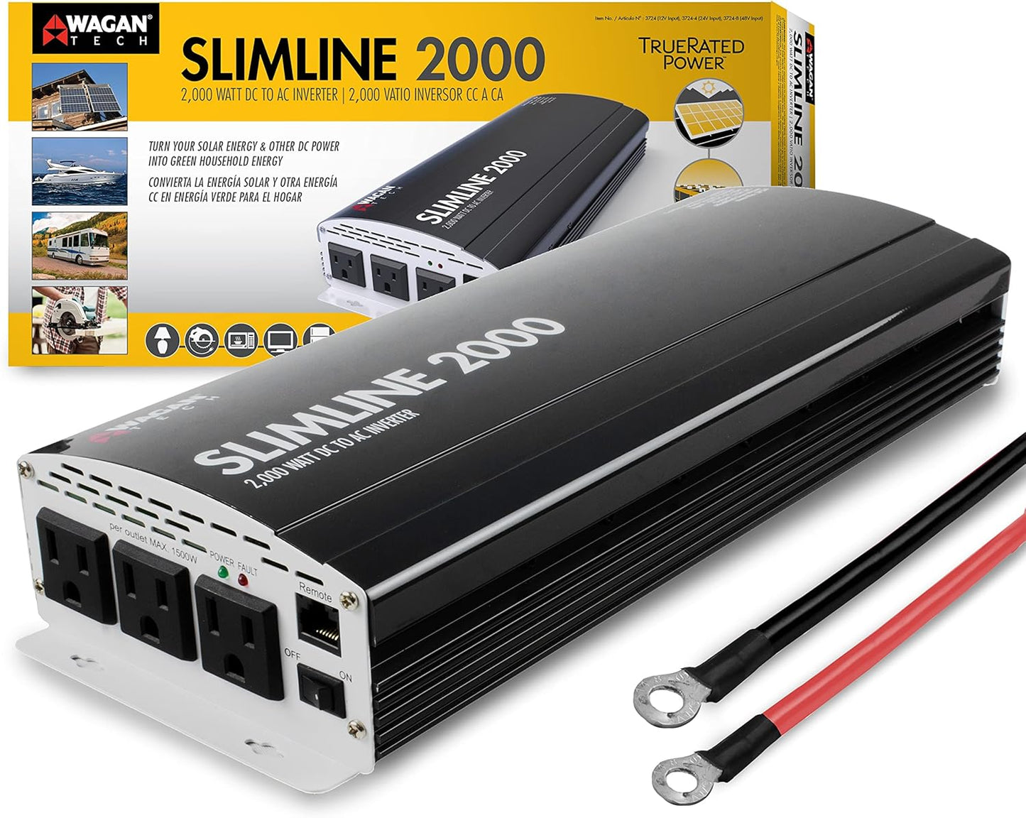 Wagan EL3724 2000W Slim Line AC to DC Power Inverter 2000W TrueRated Continuous 4500W Surge Power DC 12V to AC 110V Power Inverter with 3 AC Outlets and 2A USB Charging Port