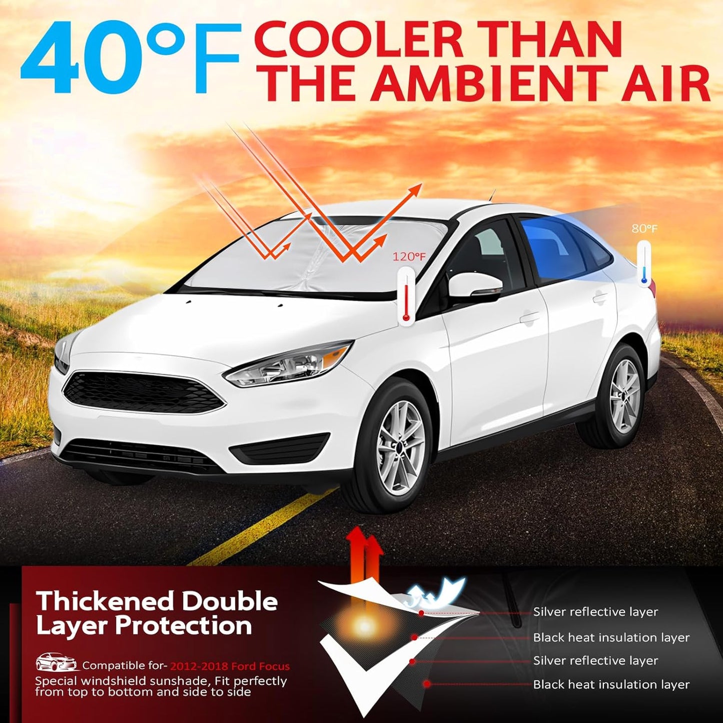 KAYZT Windshield Sun Shade for 2012-2018 Ford Focus S, RS, ST, SE, SEL, Titanium, Electric Sedan Hatchback Foldable Sunshade Front Window Custom Fit Car Accessories