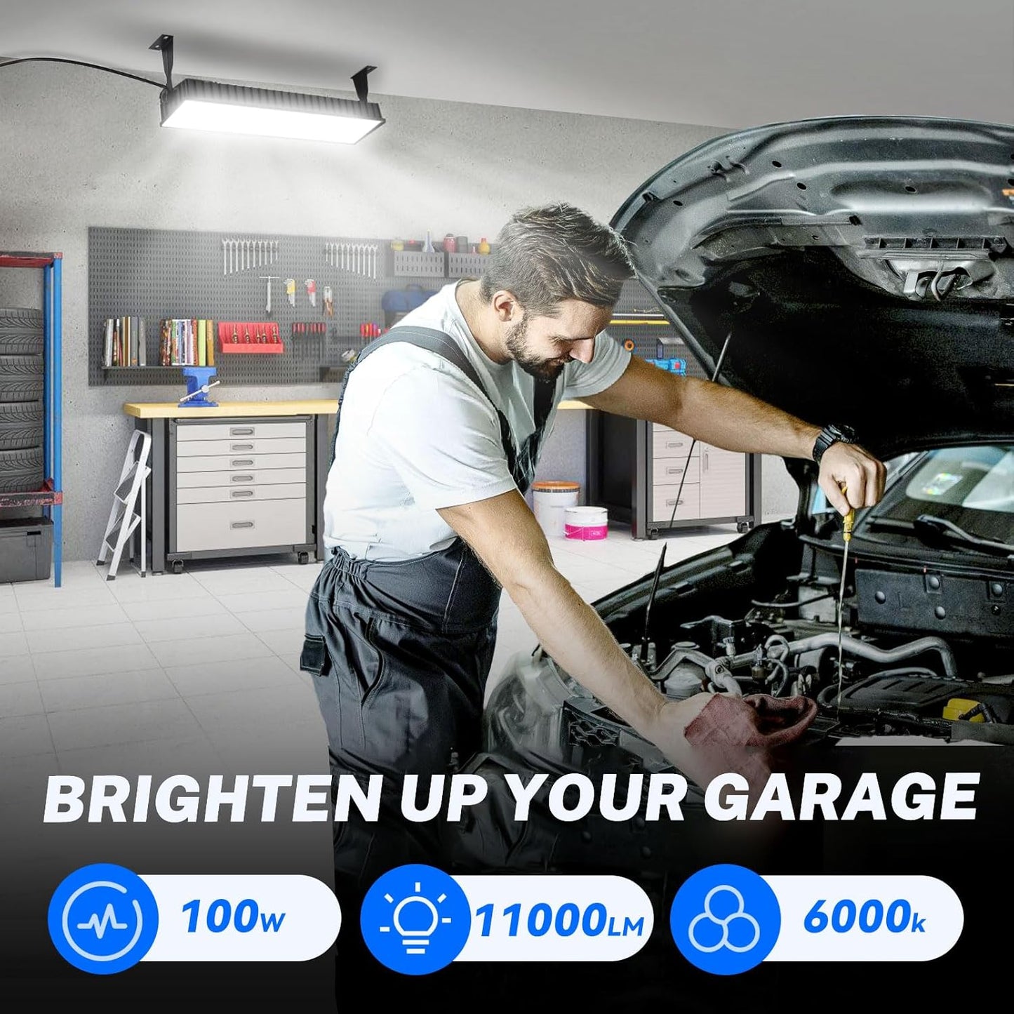 4 Pack LED Shop Lights, 100W 11000LM Plug in Garage Light with 6FT Power Cord, IP66 Waterproof Work Bench Shop Lights for Garage, Workshop, Warehouse, Outdoor, Yard, Garden