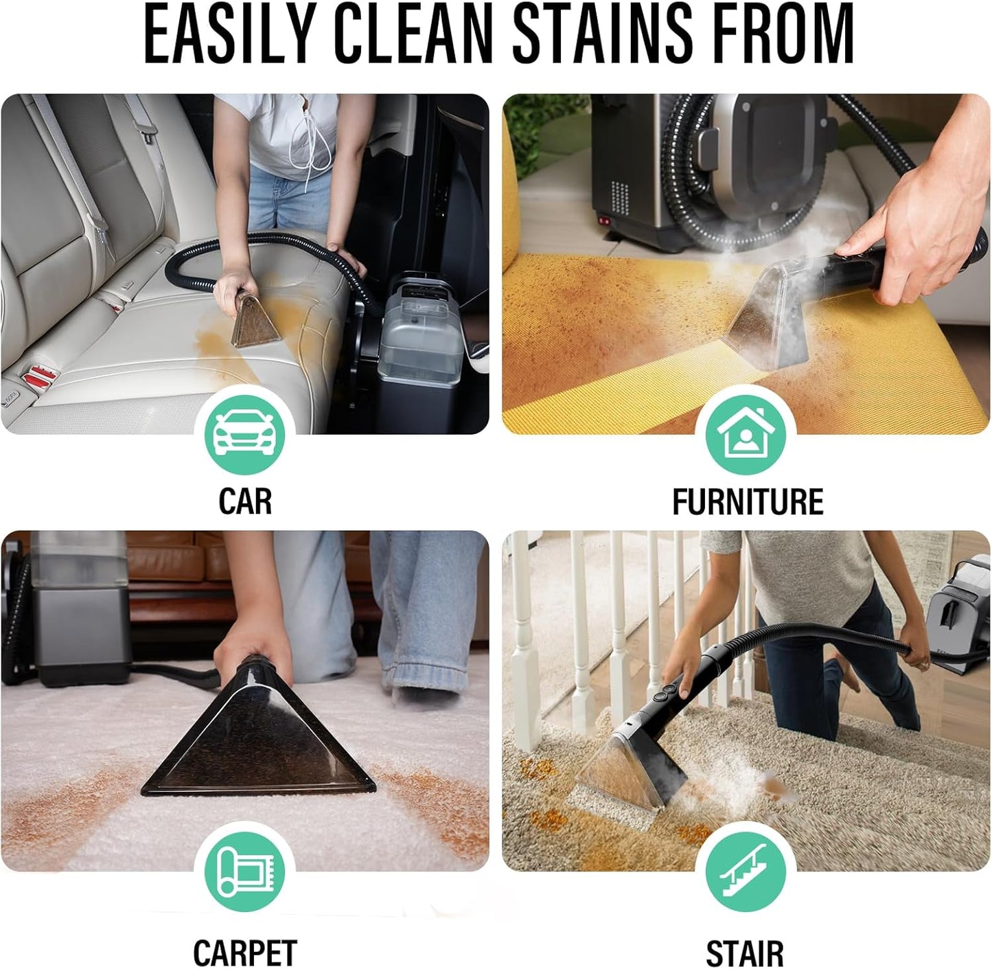 Portable Carpet Cleaner Machine with Steam and Heating Techology,15Kpa Powerful Suction with Versatile Tools for Pets, Couch, Car,Self-Cleaning, Compact Spot Cleaner for Stairs/Furniture/Rug