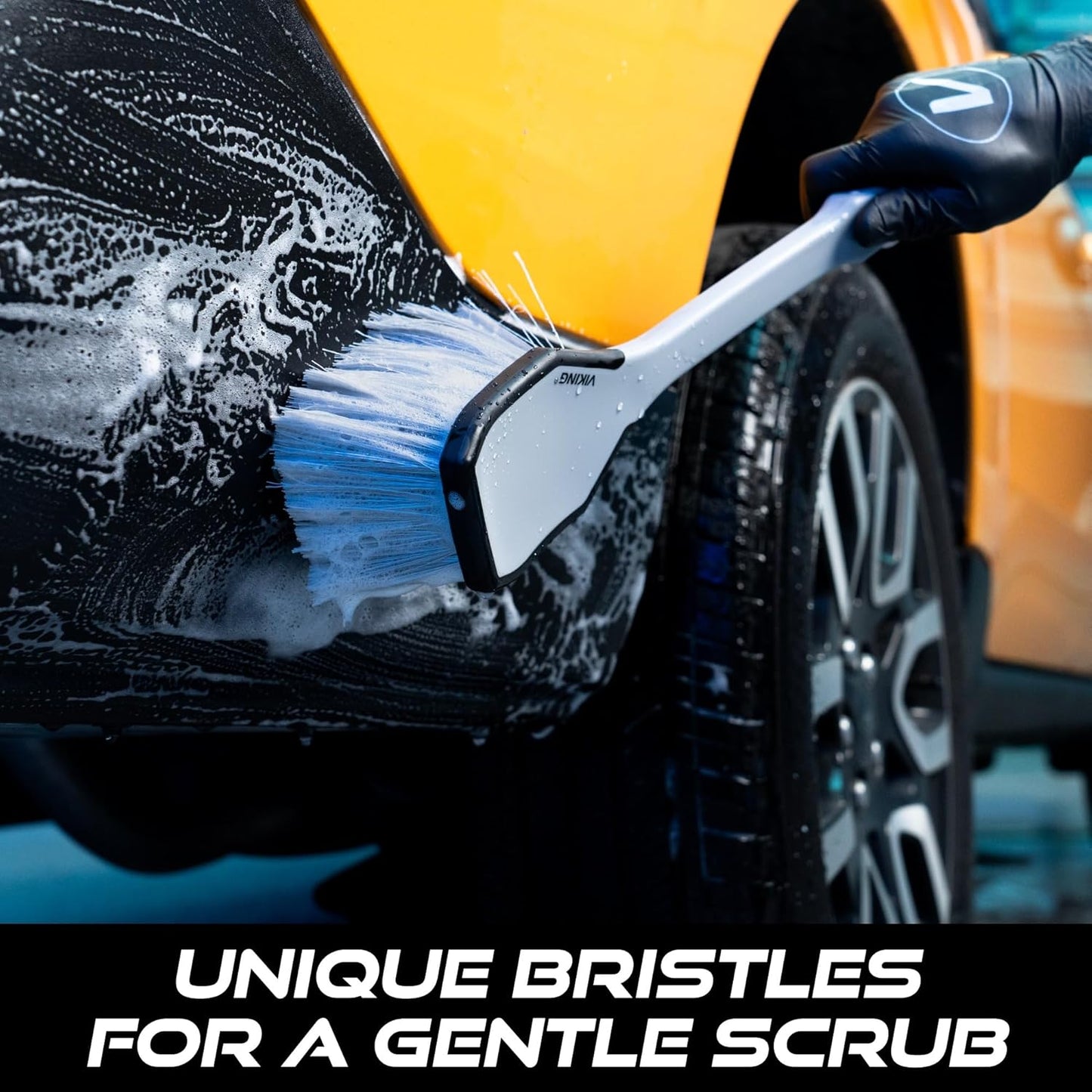 VIKING Car Wash Brush, Wheel and Fender Brush, Long Handle Tire Cleaner for Car Detailing, 16.5 Inch, Grey/Black