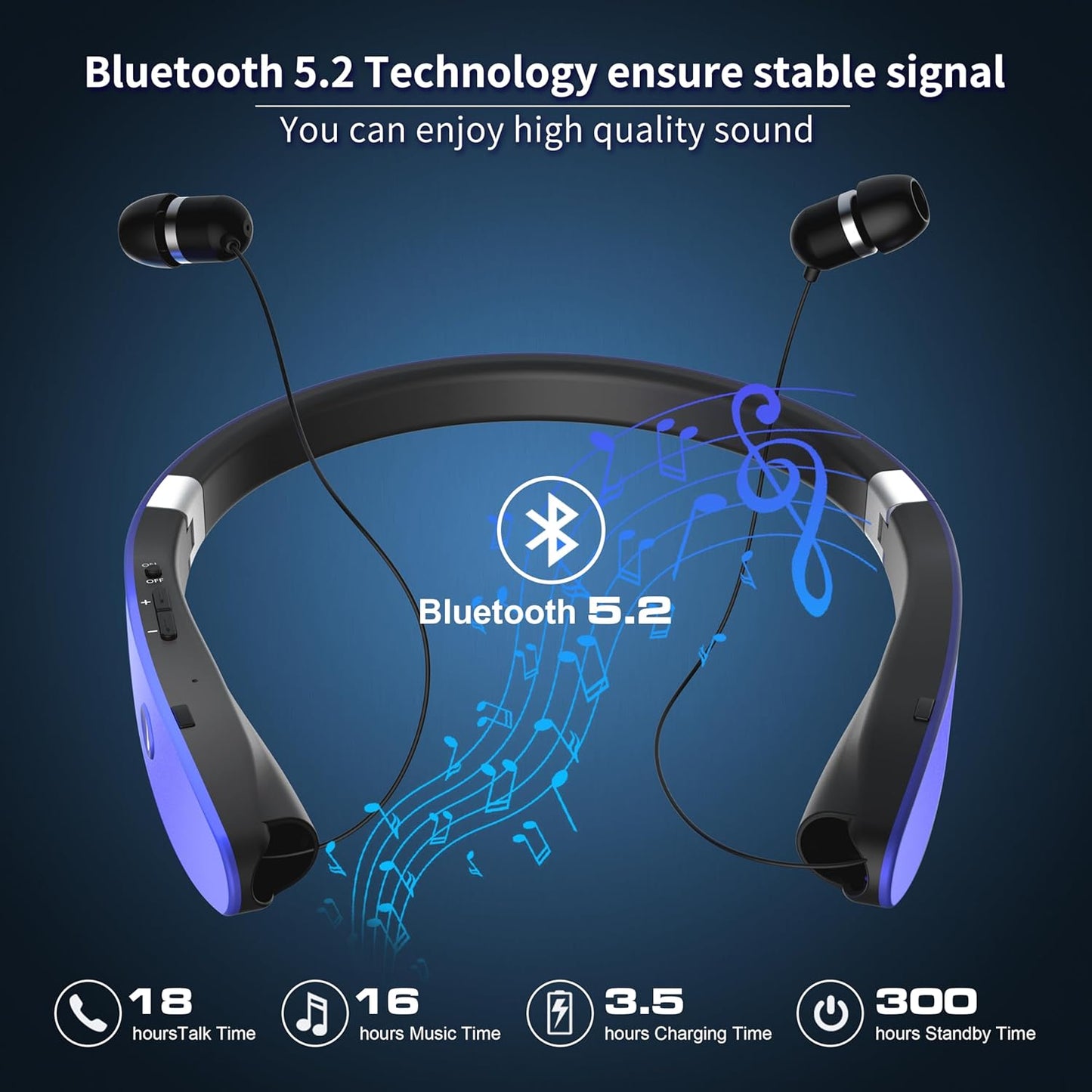 AMORNO Foldable Bluetooth Headphones Wireless Neckband Headset with Retractable Earbuds, Sports Sweatproof Noise Cancelling Stereo Earphones with Mic