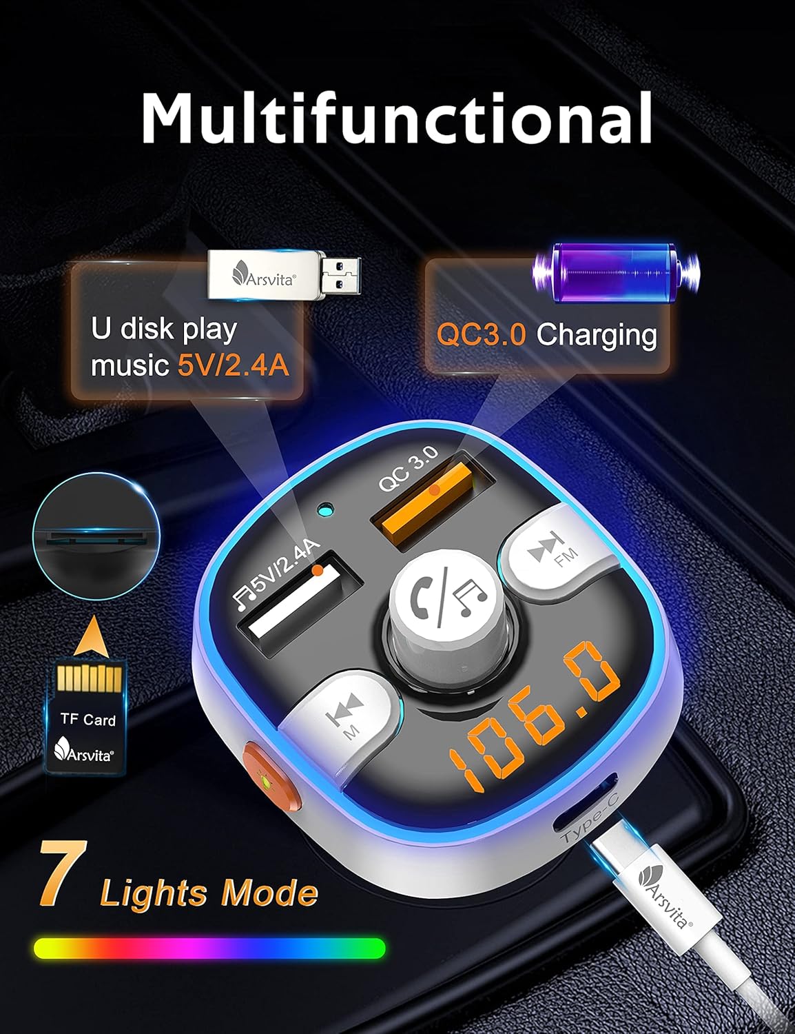 Arsvita Bluetooth FM Transmitter for Car, Radio Receiver/Audio Adapter with Type-C PD Charger, Support QC3.0 Quick Charging, Hands-Free Calling and Hi-Fi Sound Playback, Silver