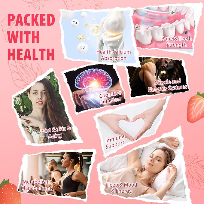 Calcium Magnesium Zinc Gummies & Vitamin D3,B6,B12,Immune & Supporting Bone Health Calcium Magnesium Supplement for Women Men,Sugar-Free Vegan Strawberry Flavor 90 Counts