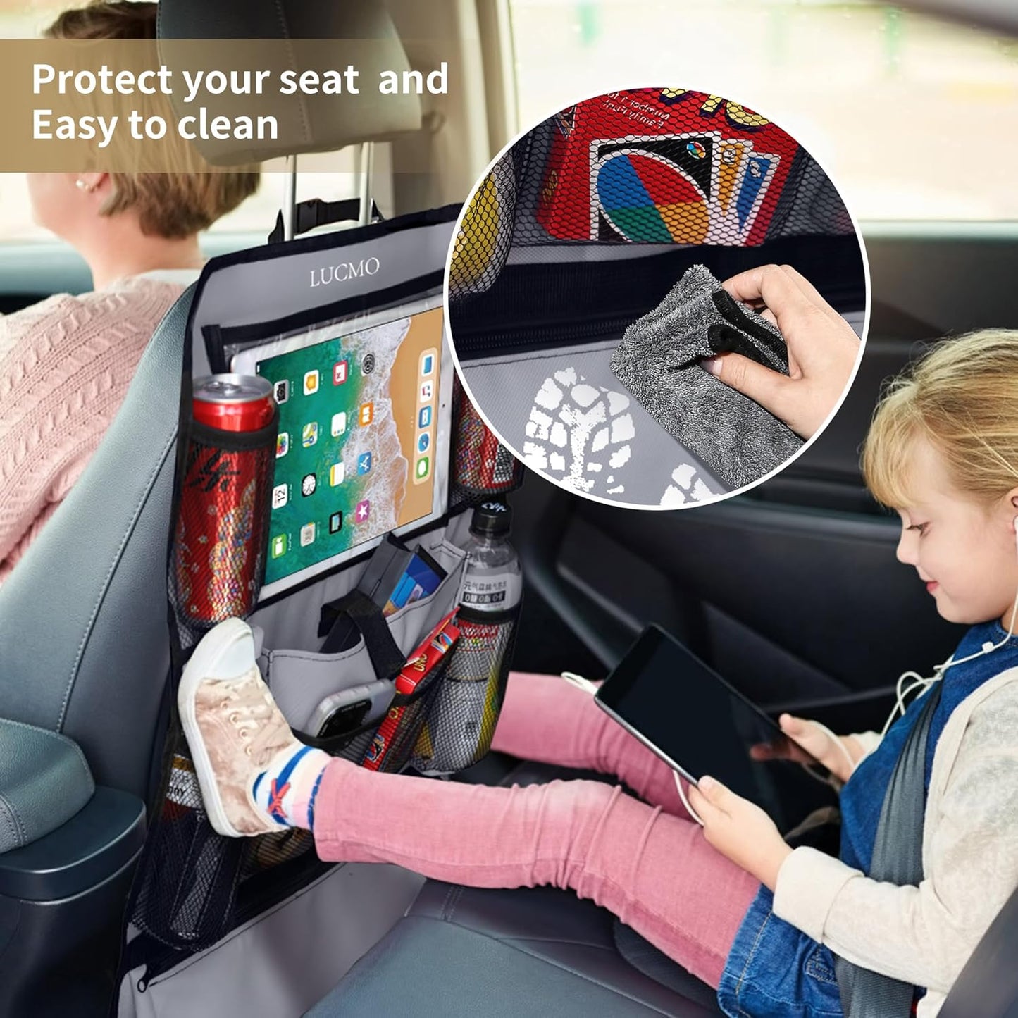 LUCMO Car Backseat Organizer with Touch Screen Tablet Holder-2 Pcs,9 Storage Pockets Car Storage Organizer Protectors Kick Mats Travel Accessories for Kids-Grey