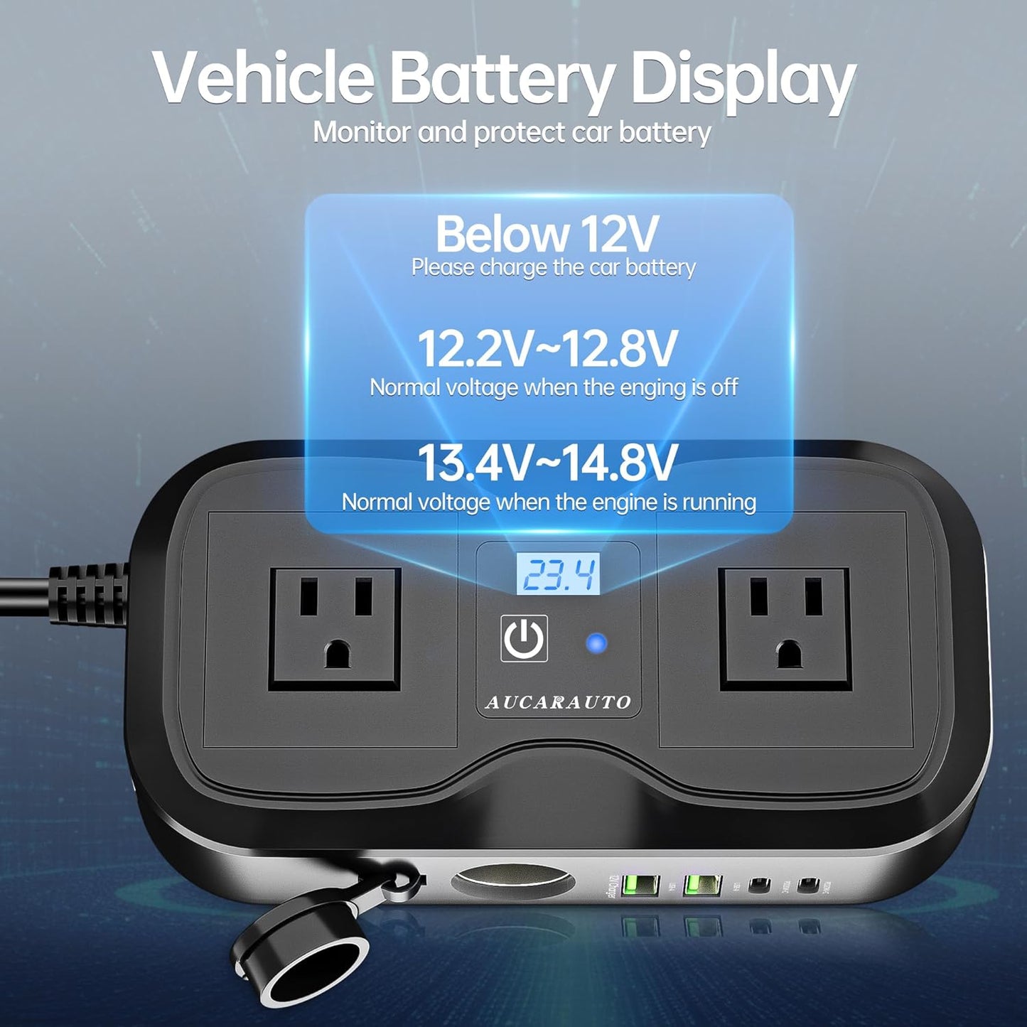 7 in 1 Car Power Inverter, 200W DC 12V to 110V AC Car Inverter with LED Voltmeter, 4-Port PD/QC3.0 Charge, 2 Car Outlets and Cigarette Lighter Adapter USB C Car Charger for All Car Devices