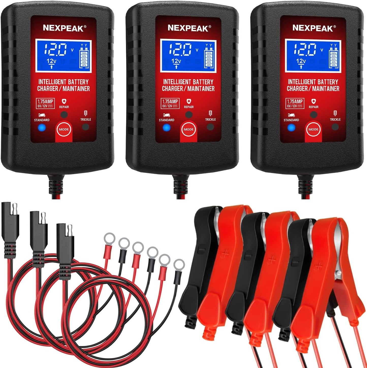 [3-Pack]1.75-Amp Car Battery Charger, 6V and 12V Smart Fully Automatic Battery Charger Maintainer, Trickle Charger, Battery Desulfator for Car, Lawn Mower, Motorcycle, Boat, Marine Lead Acid Batteries