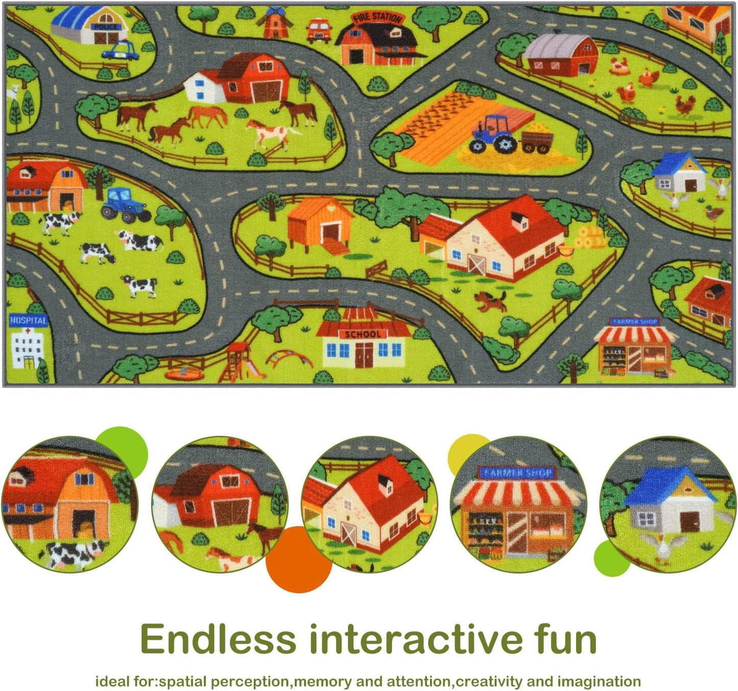 STARUIA 60" x 32" Washable Kids Rug for Playroom, Boys Baby Car Rugs for Kids Toy Cars Have Fun Safely, Educational Farm Road Play Rug Race Track Carpets for Kid Room Bedroom