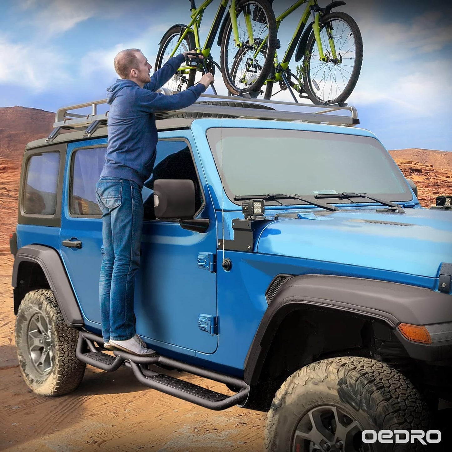 OEDRO Running Boards with Two Stairs Design All-Steel Build, Bolt-on Side Steps Compatible with 2018-2025 Jeep Wrangler JL 4 Door, Black Powder Coated Nerf Bar