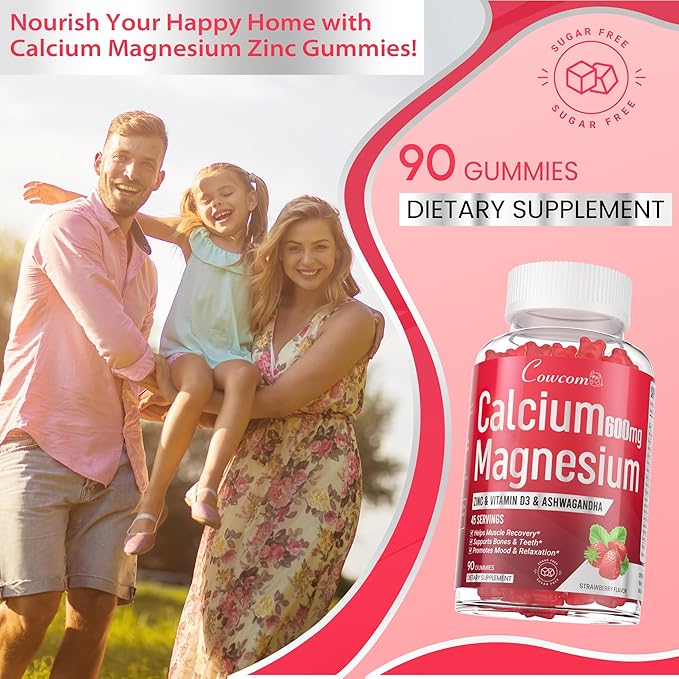 Calcium Magnesium Zinc Gummies & Vitamin D3,B6,B12,Immune & Supporting Bone Health Calcium Magnesium Supplement for Women Men,Sugar-Free Vegan Strawberry Flavor 90 Counts