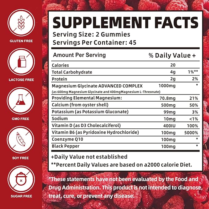 Magnesium Glycinate Gummies 1000mg with Magnesium L - Threonate,Chelated Magnesium Potassium Complex Supplement with VitD, B6, CoQ10, Calcium,Supports for Memory, Calm, Mood - 90 Gummies