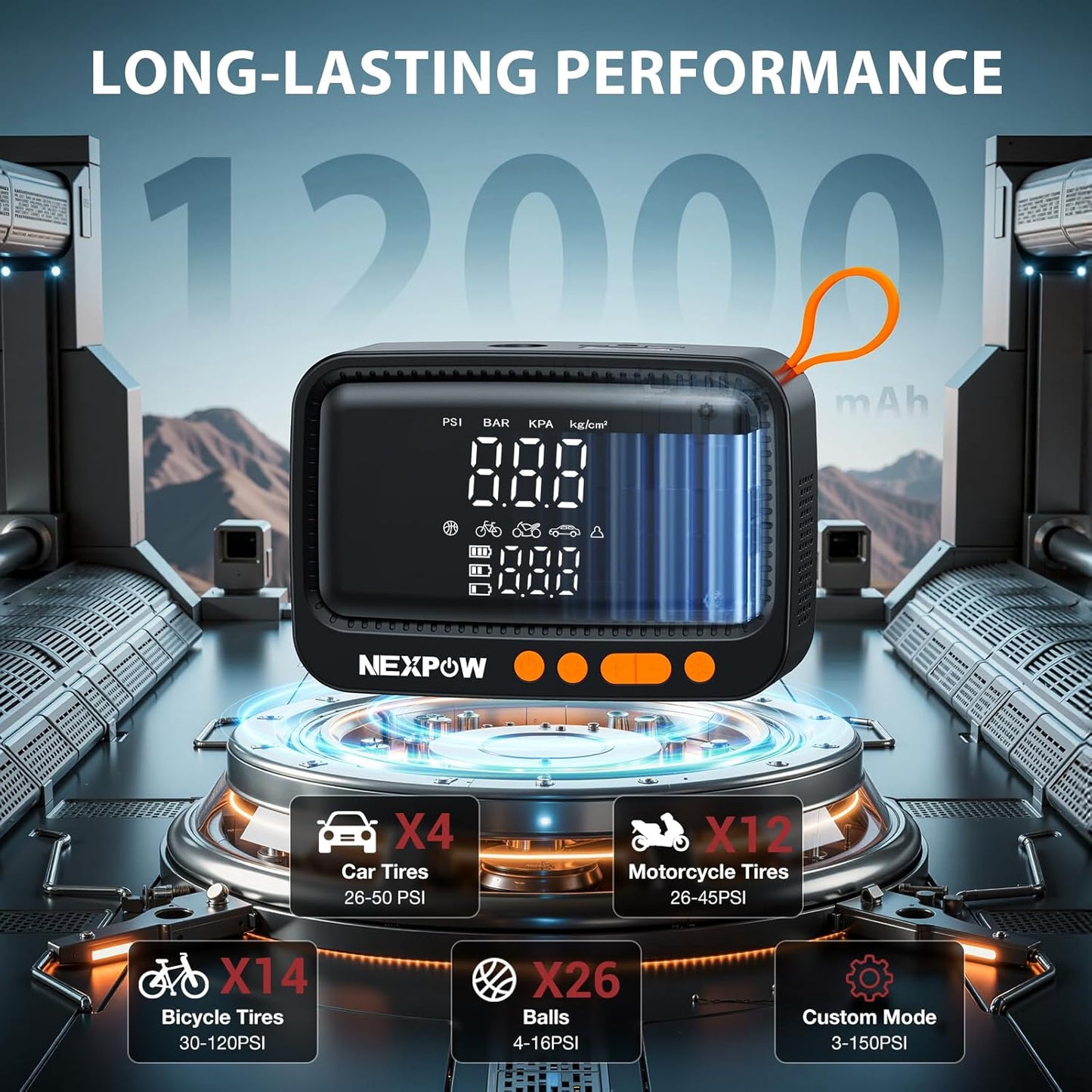 NEXPOW Tire Inflator Portable Air Compressor, 150 PSI Cordless Air Pump for Car Tires with Digital Pressure Gauge & Auto Shut-Off, Air Compressor Portable for Car, Motorcycle, Bicycle, Balls, Orange