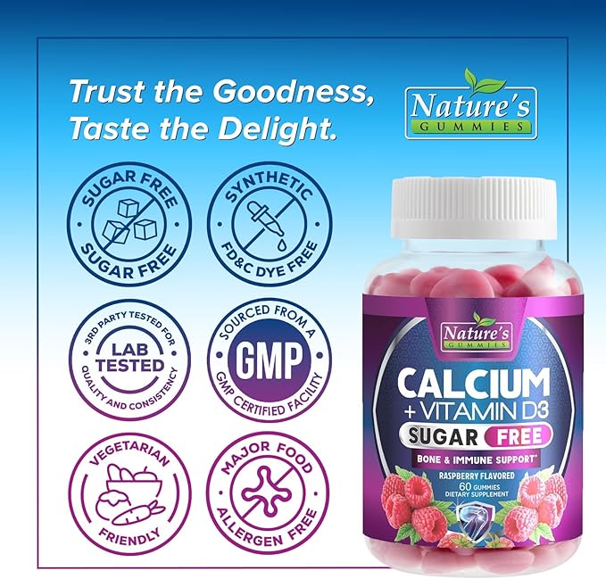 Sugar Free Chewable Calcium Gummy Vitamins - Plus 400 IU Vitamin D3 for Bone, Teeth, & Immune Health Support - Calcium Supplements for Women & Men Daily, Non-GMO, Berry Flavored - 60 Gummies