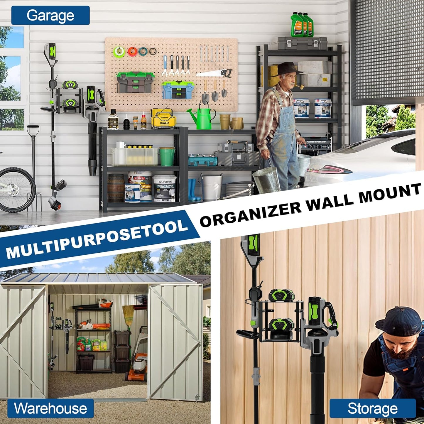 Pugala Universal Storage Rack for Leaf Blower, Weed Eater, and Power Tools – Adjustable Wall Mount Organizer with Heavy-Duty Steel, Powder-Coated Finish, and Battery Storage – Black