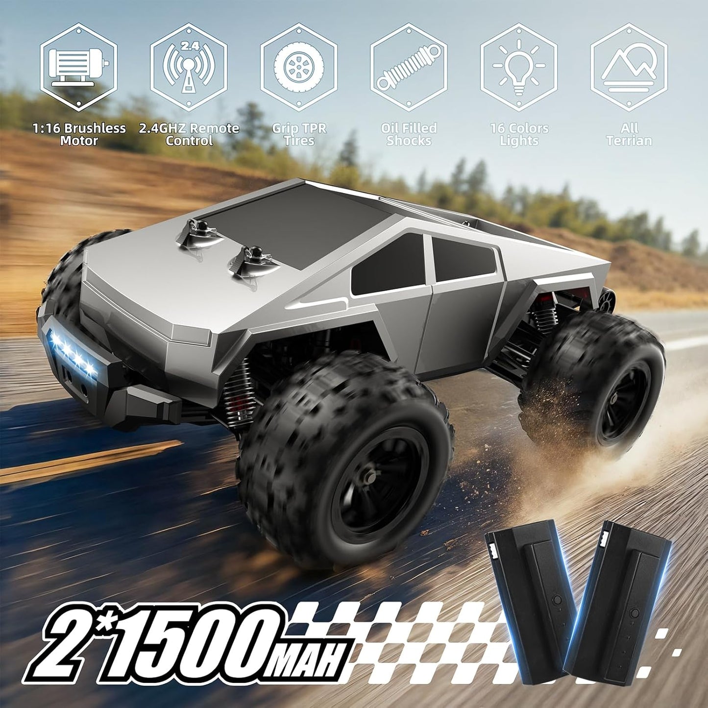 WayEee RC Car 1/16 Brushless Fast Cars Toys for Adults and Boys 8+, Max 35 mph High Speed 4X4 Truck, 2.4GHz Remote Control, 2 Replaceable PVC Shell, All Terrain Vehicle, Colorful LED Lights