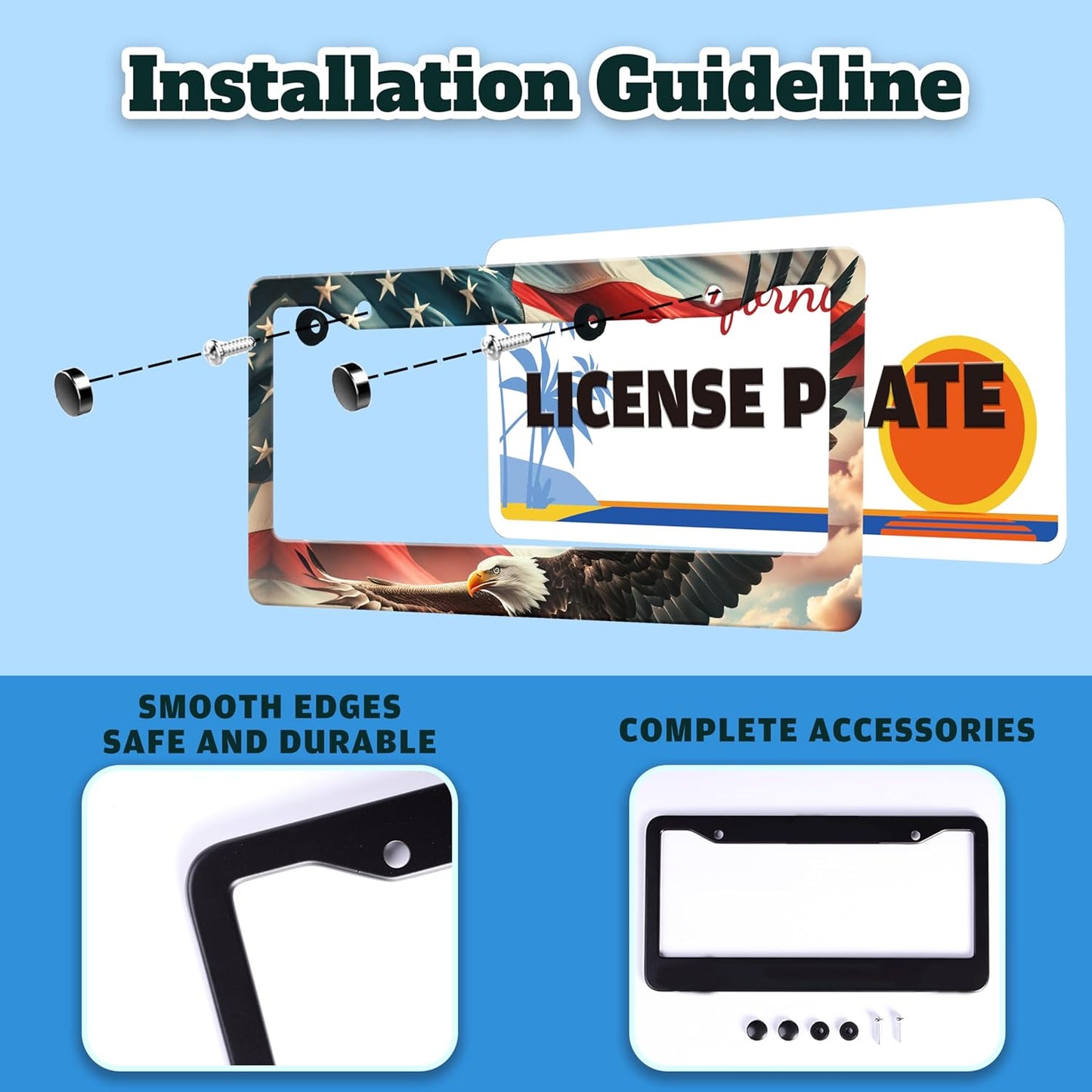 American Flag Eagle License Plate Frame Patriotic Stainless Steel License Plate Holder for Front or Rear Car Tags Funny for Car Decoration Accessories with Screws 6.3 X 12.2 in for Women Men