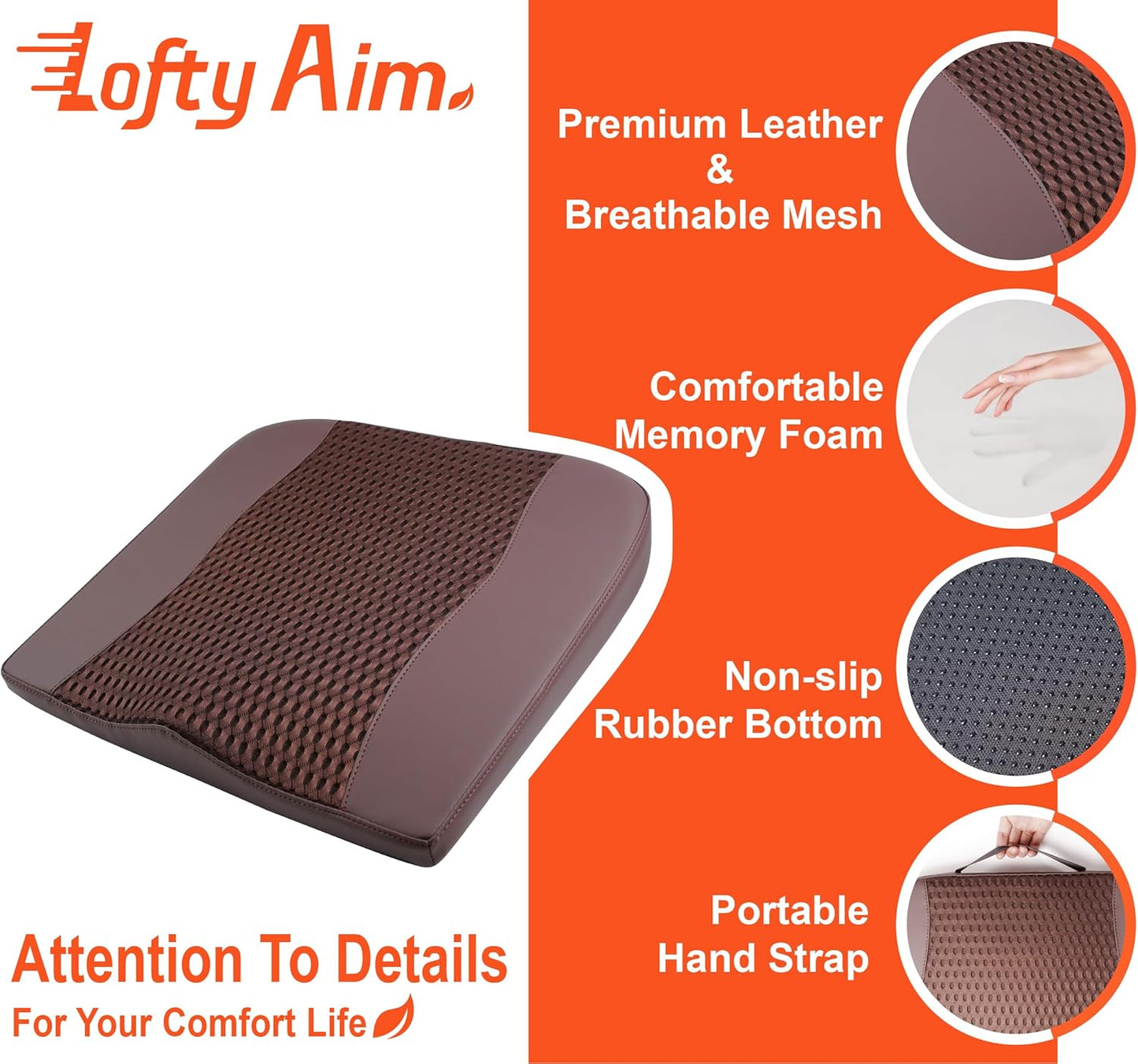 Car Seat Cushion, Comfort Memory Foam Car Cushions for Driving - Sciatica & Lower Back Pain Relief, Driver Seat Pillow for Auto, Office Chair, Wheelchair - 4D Mesh Brown