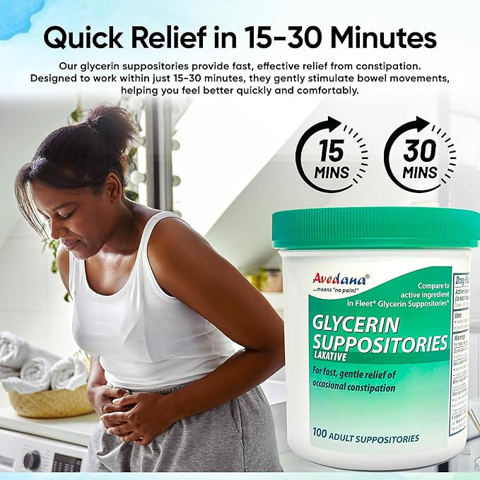 Glycerin Suppositories – 100 Adult Size Laxative Suppositories for Men and Women – Fast and Gentle Relief Suppositories for Constipation – Comfortable Shape Adult Suppository (24 PK)