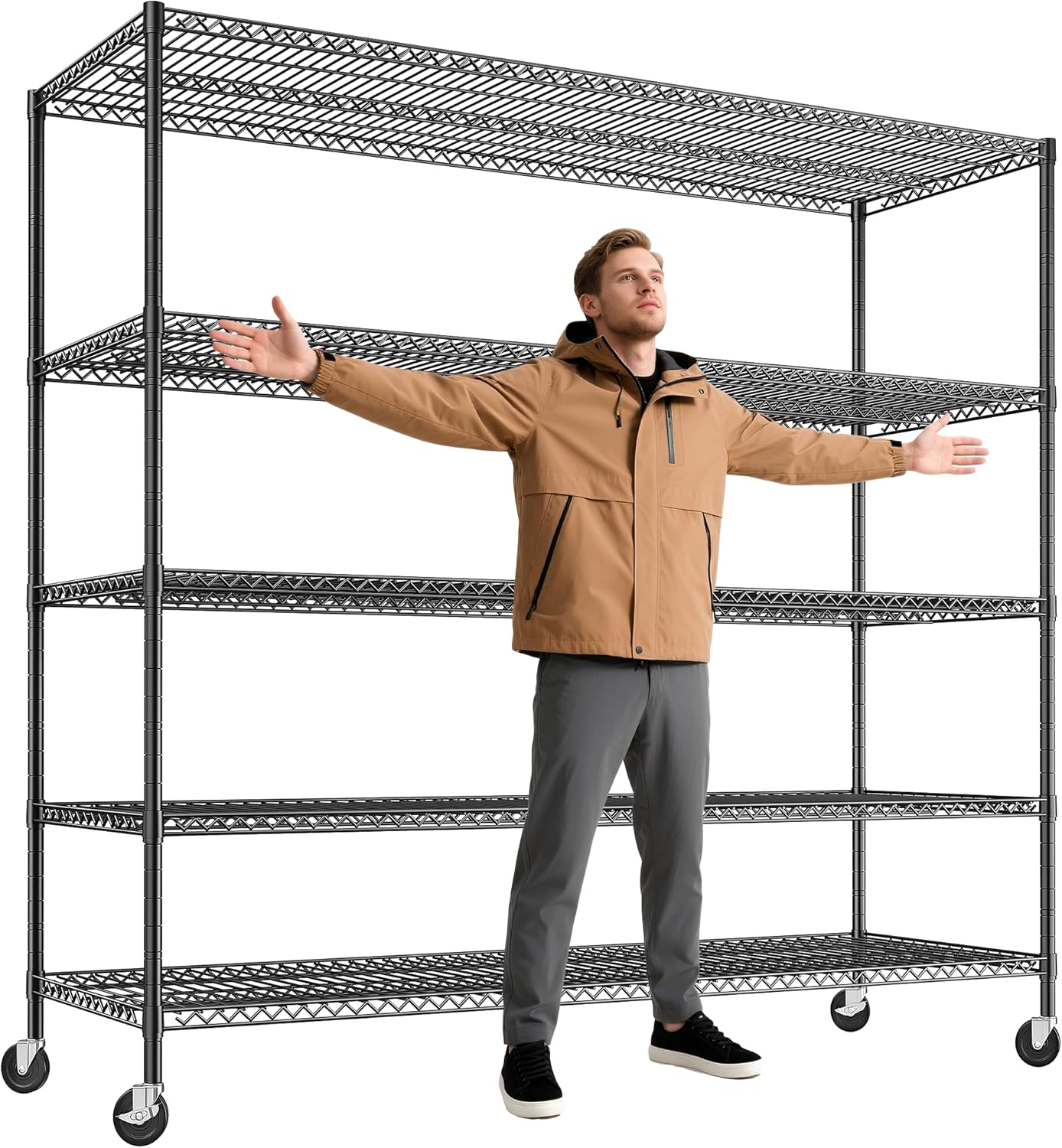 REIBII 85.7"H Storage Shelves 2998LBS Metal Shelving Units with Wheels&Feet, 5 Tier Garage Shelving Heavy Duty Adjustable Wire Shelf for Pantry Garage Commercial Industrials, 85.7"H X 55.5"W X 24.2"D