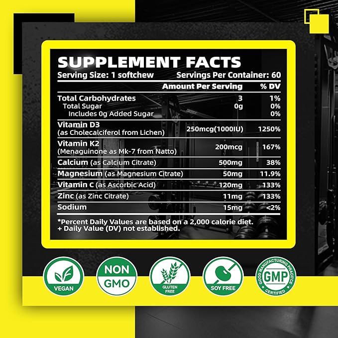 Sugar-Free Vitamin D3 K2 Chews with Calcium + K2 (MK-7), Magnesium Citrate, Vitamin C, Extra Strength - Ultimate Absorption for Bone Muscle Teeth Immune, Vegan - 60 Count-Pineapple Flavor