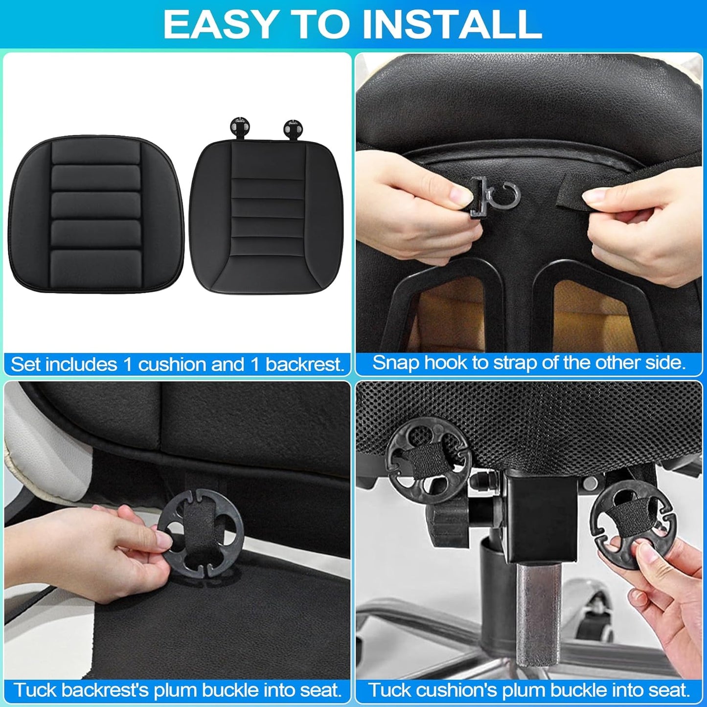 MYFAMIREA Car Seat Cushion and Lumbar Support Pillow 1.2'' Thick Memory Foam Desk Chair Cushion Back Support for Automotive Seat Driver, Travel, Leg and Back Pain Relief, Washable, Adjustable, Black