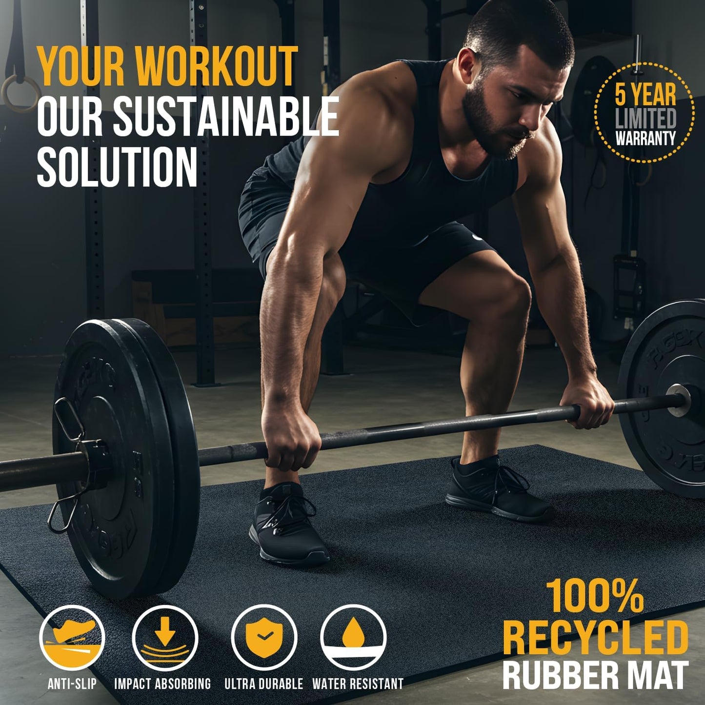 Rubber King Multi-Purpose Exercise Mat - 100% Recycled Thick Rubber Mat for Home Gym Flooring, Non-Slip, Low-Odor Durable Workout Mat for Indoor/Outdoor, Shoe-Friendly